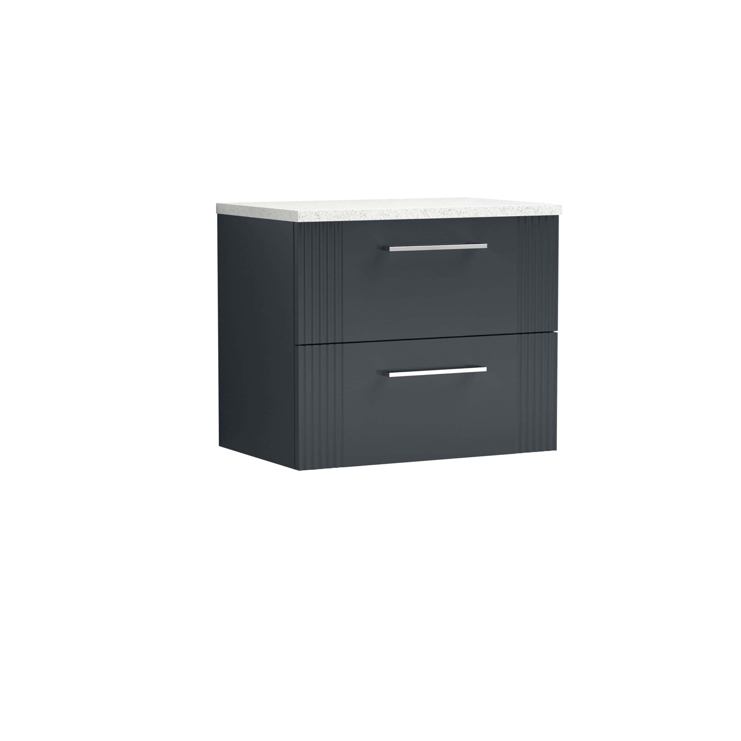 Modern black bathroom vanity unit with sleek chrome handles and a white countertop, ideal for contemporary bathroom decor and storage needs.
