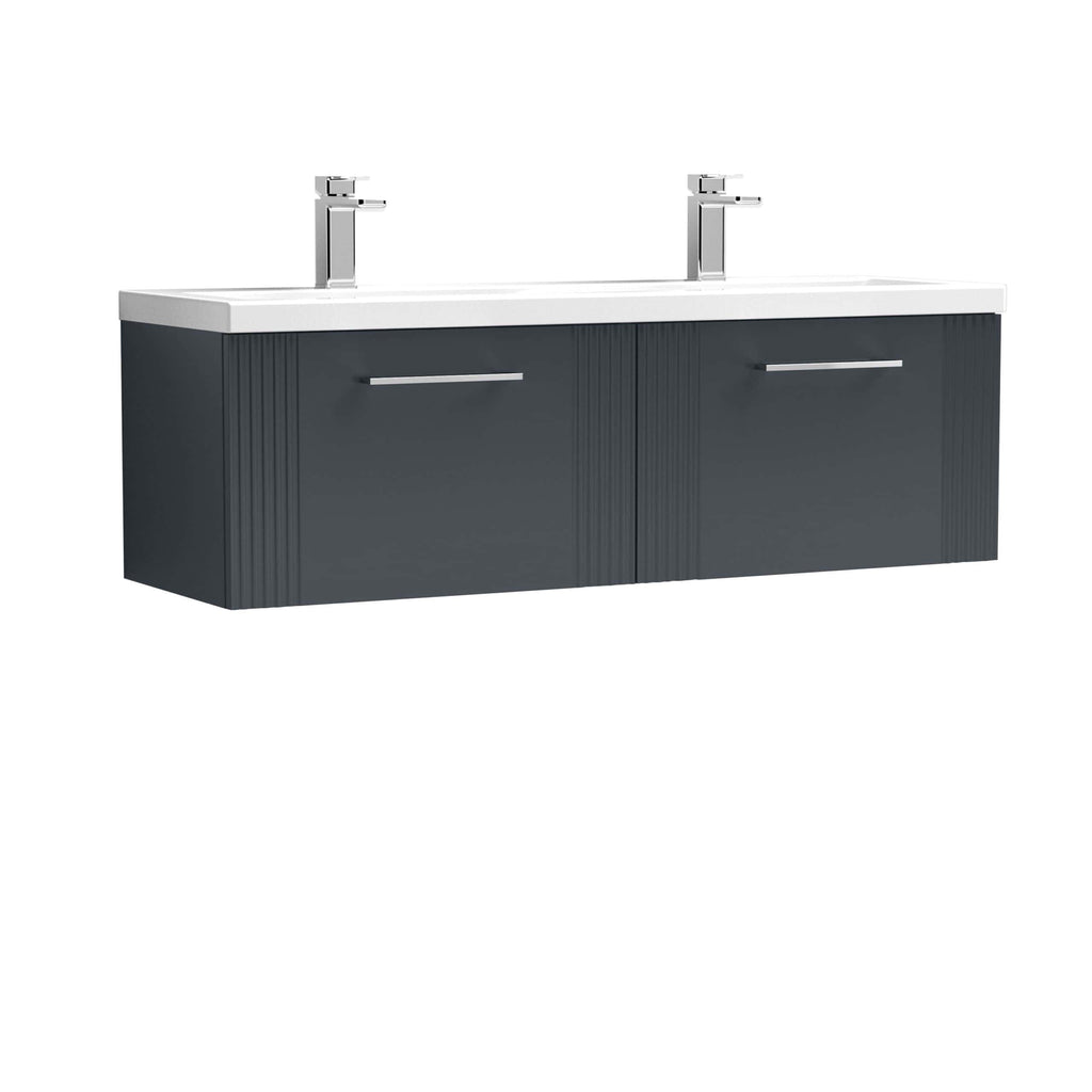 Modern double bathroom vanity unit with twin sinks, sleek chrome handles, and dark grey cabinetry for contemporary bathroom renovation.