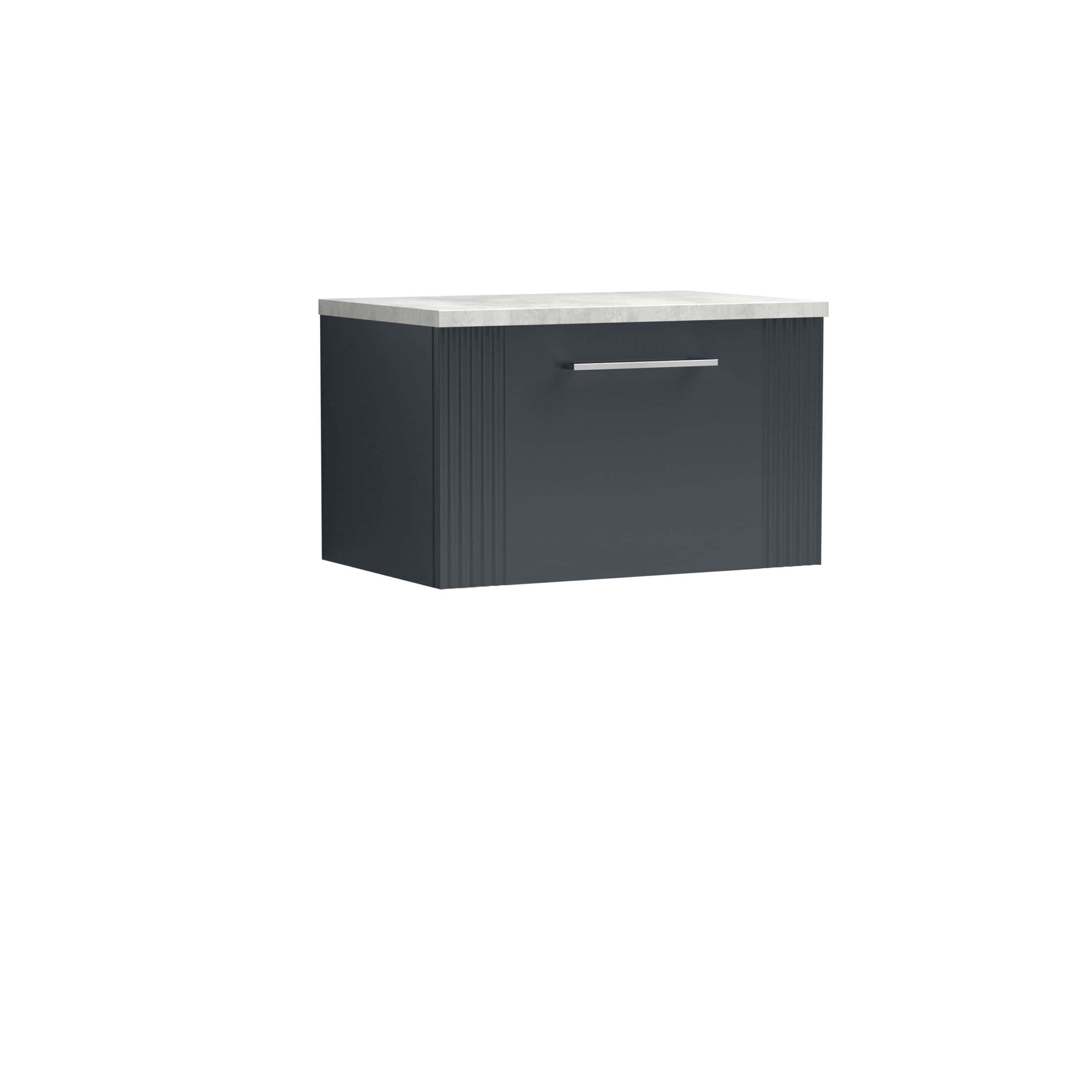 Contemporary dark bathroom vanity with a grey marble countertop and sleek silver handle, ideal for modern bathroom storage and style.