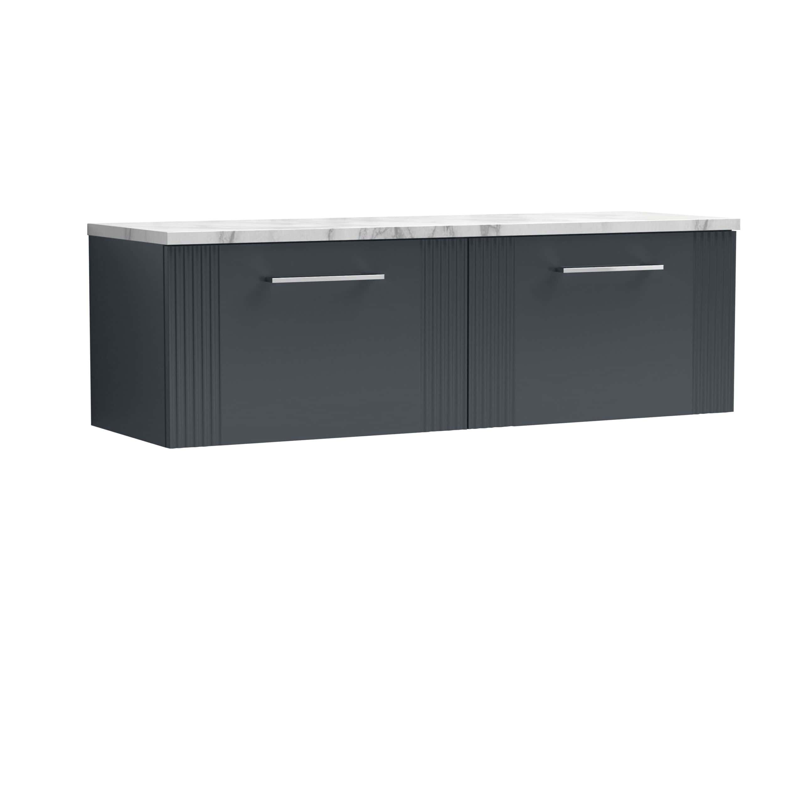 Polished dark grey bathroom vanity with sleek silver handles and a light marble countertop, ideal for modern bathroom decor. Designed for functionality and style.