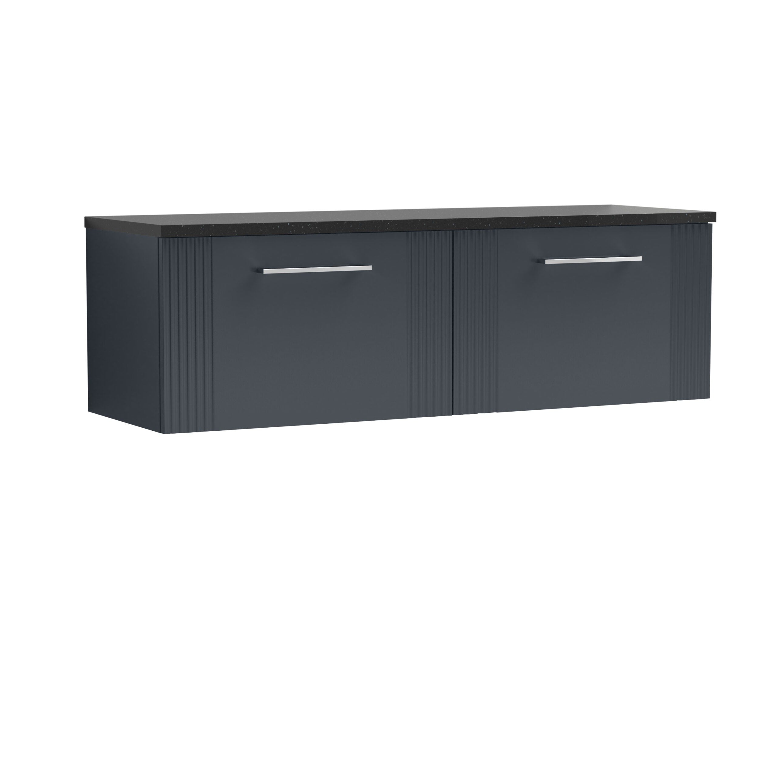 Sleek navy bathroom vanity unit with modern silver handles and textured panel design, perfect for contemporary bathroom storage solutions.