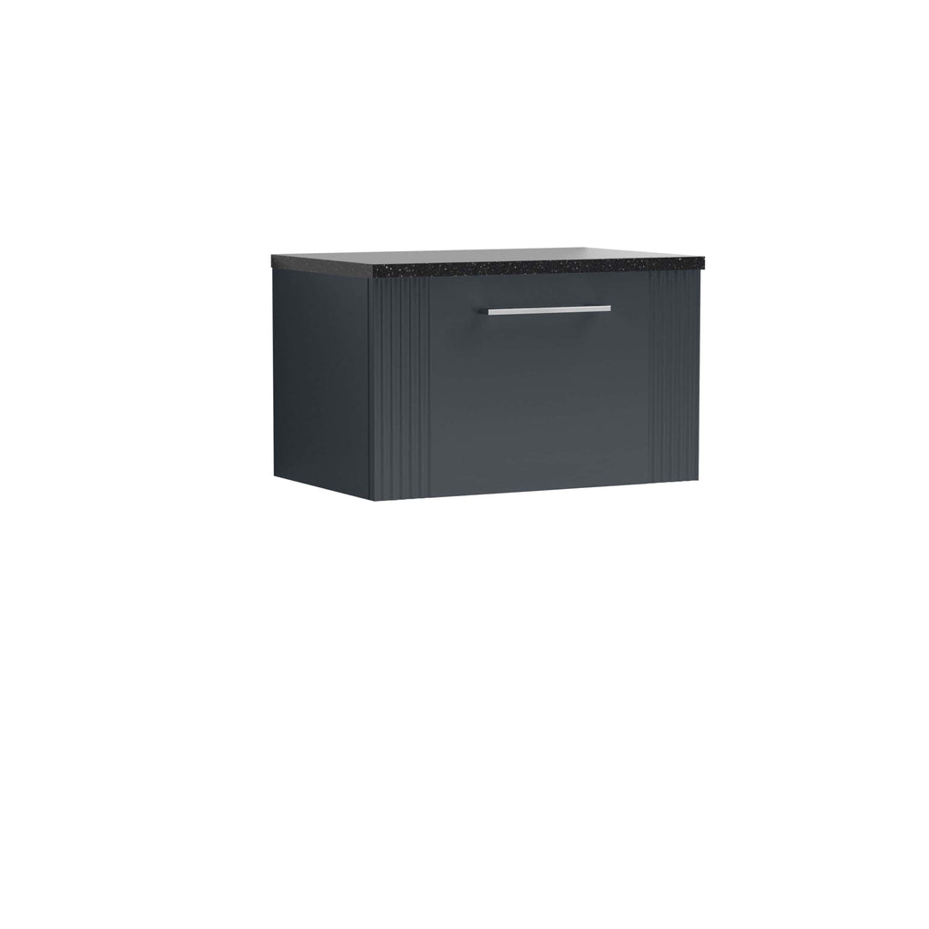 Modern grey bathroom vanity unit with sleek handle and black stone countertop, perfect for contemporary bathroom interiors. Featuring ample storage and a stylish design for functional bathroom aesthetics.
