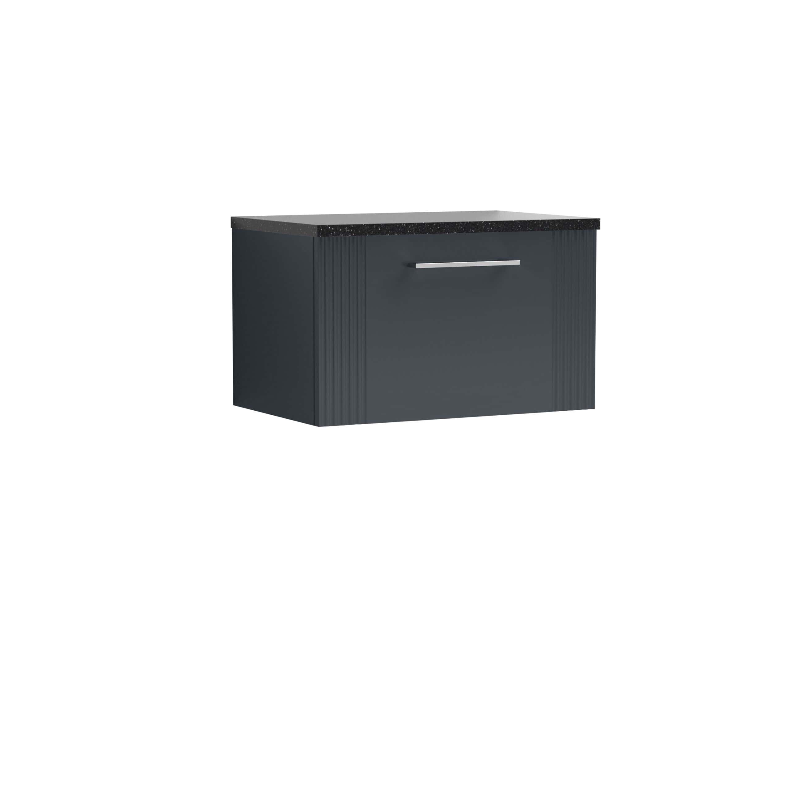 Modern grey bathroom vanity unit with sleek handle and black stone countertop, perfect for contemporary bathroom interiors. Featuring ample storage and a stylish design for functional bathroom aesthetics.