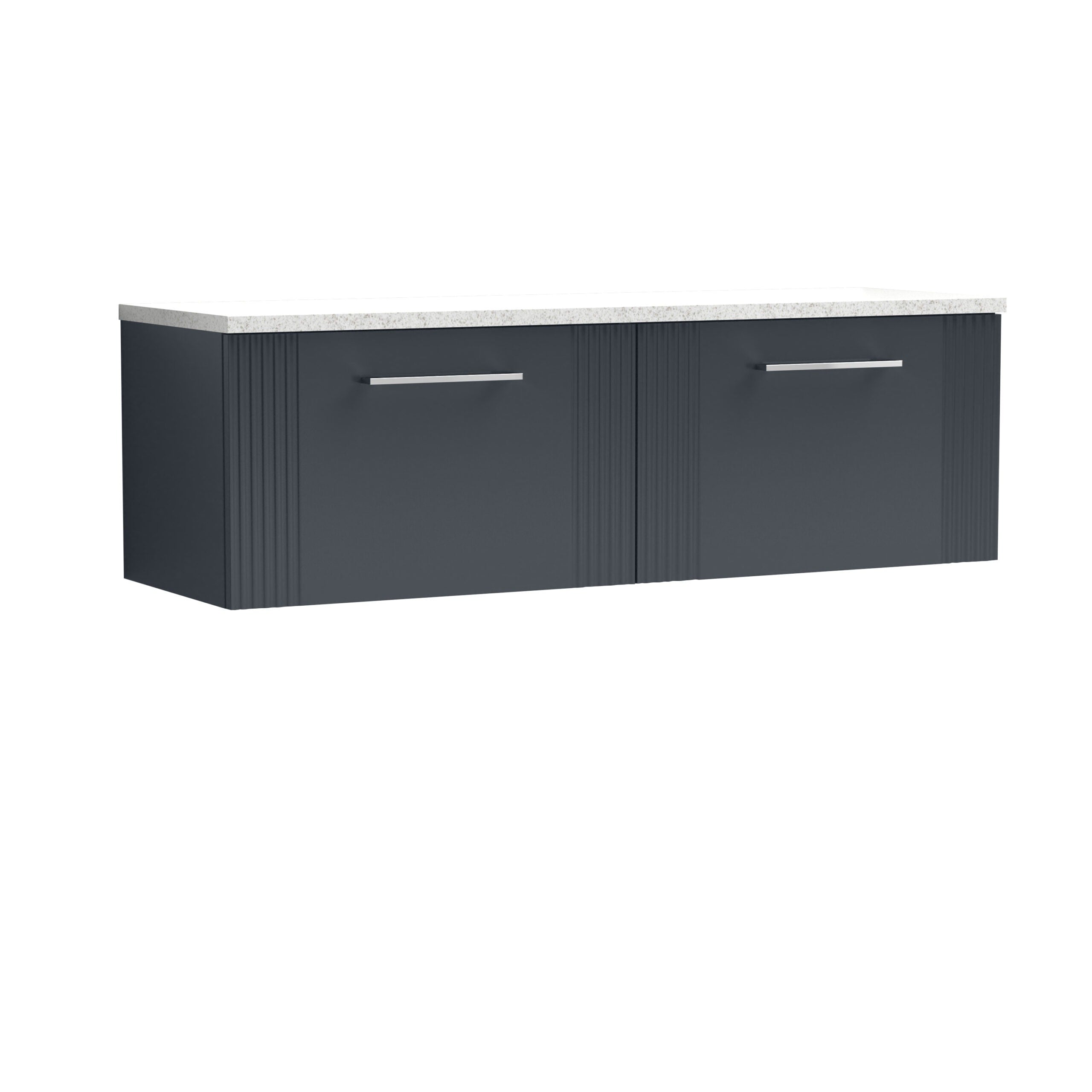 Modern navy blue bathroom vanity with sleek silver handles and a white speckled countertop, designed for contemporary bathroom decor.