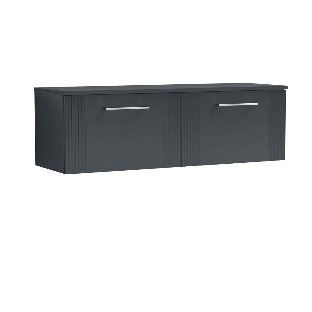 Sleek dark grey bathroom vanity with textured cabinet doors and modern chrome handles, ideal for contemporary bathroom storage solutions.