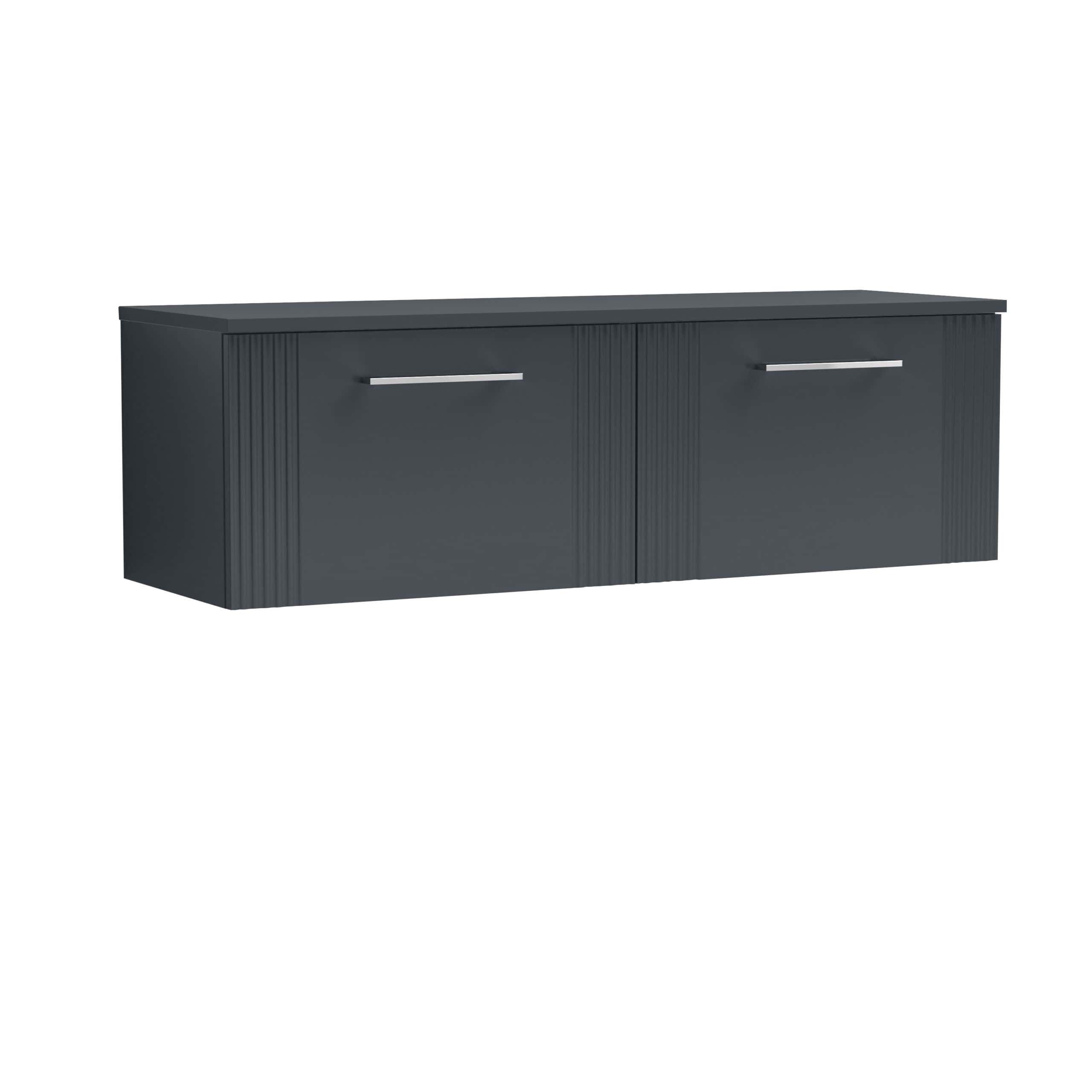 Sleek dark grey bathroom vanity with textured cabinet doors and modern chrome handles, ideal for contemporary bathroom storage solutions.