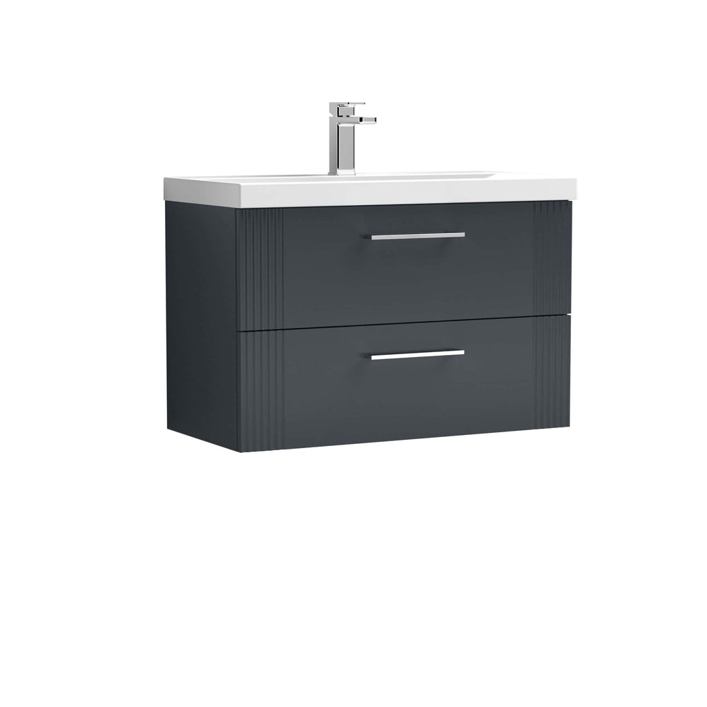 Modern grey bathroom vanity with integrated sink and chrome faucet, ideal for contemporary bathroom designs. Perfect for storage and style enhancement in bathrooms.