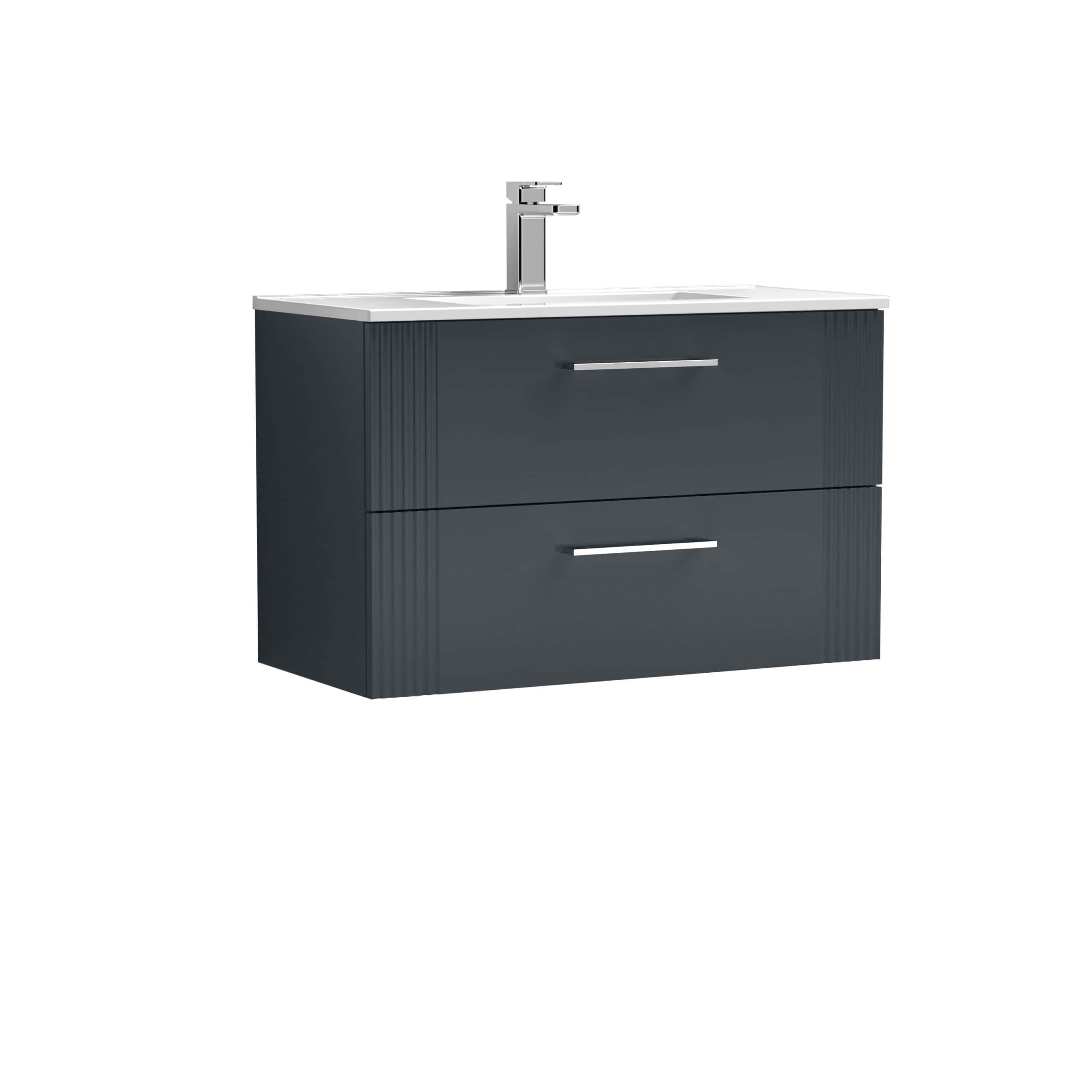 Modern dark grey bathroom vanity unit with integrated sink and chrome faucet, ideal for contemporary bathroom decor.