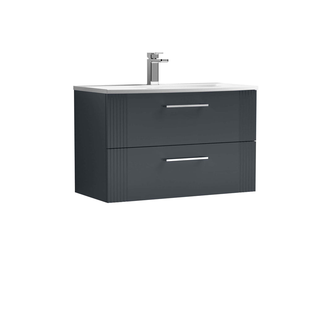 Sleek navy blue bathroom vanity unit with two drawers and modern chrome handles, featuring a white ceramic top and integrated tap, ideal for contemporary bathroom decor.