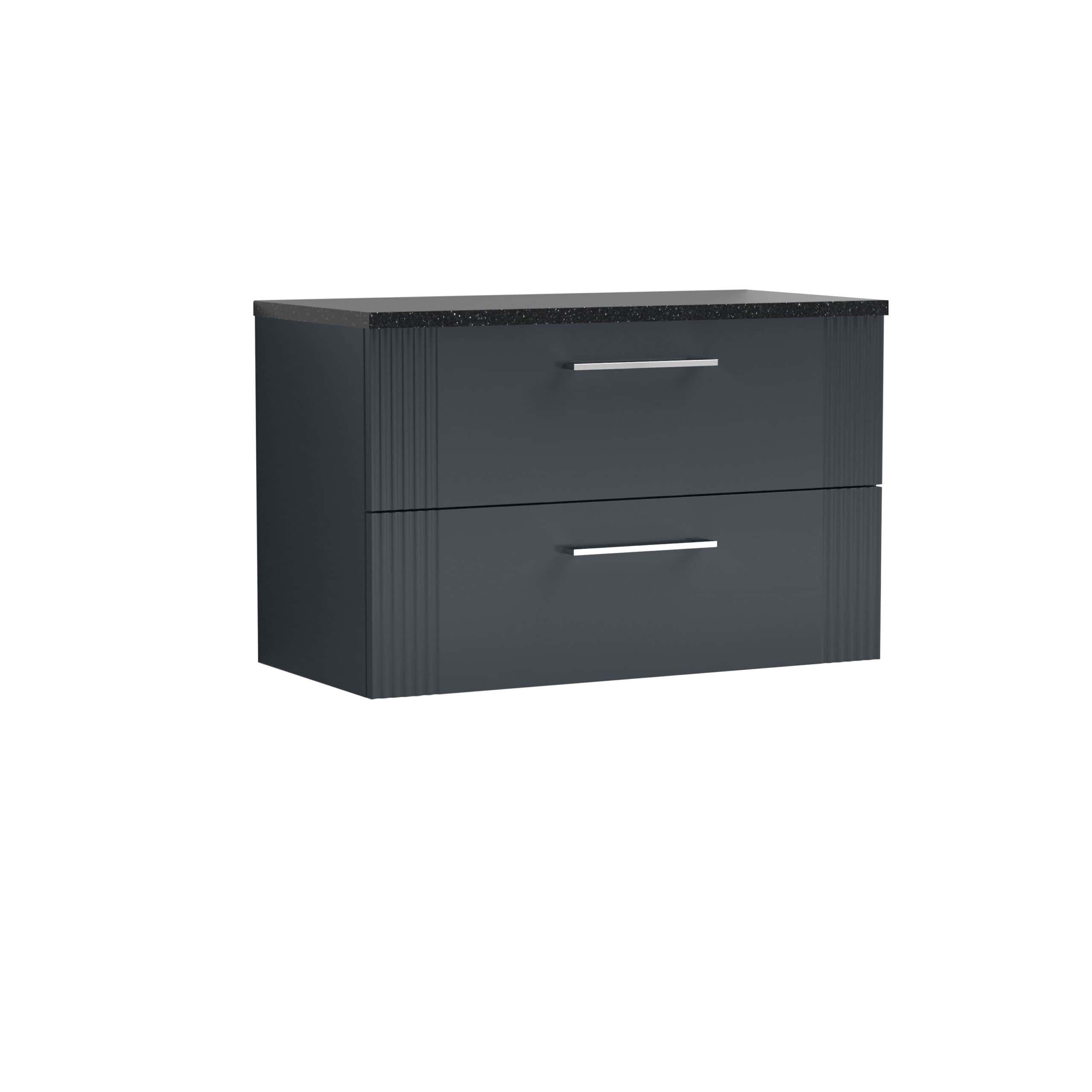 Sleek dark grey bathroom vanity with two spacious drawers and modern chrome handles, ideal for contemporary bathroom storage solutions.