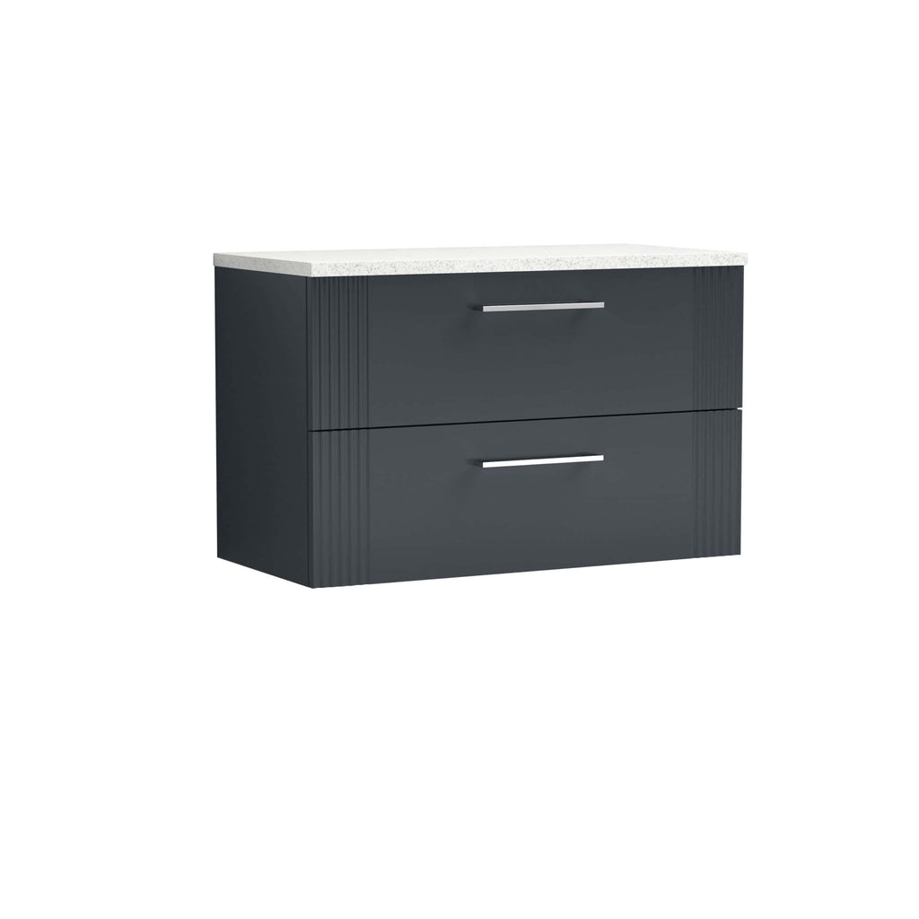 Modern dark grey bathroom vanity with a white stone countertop and sleek horizontal silver handles, ideal for contemporary bathroom designs.