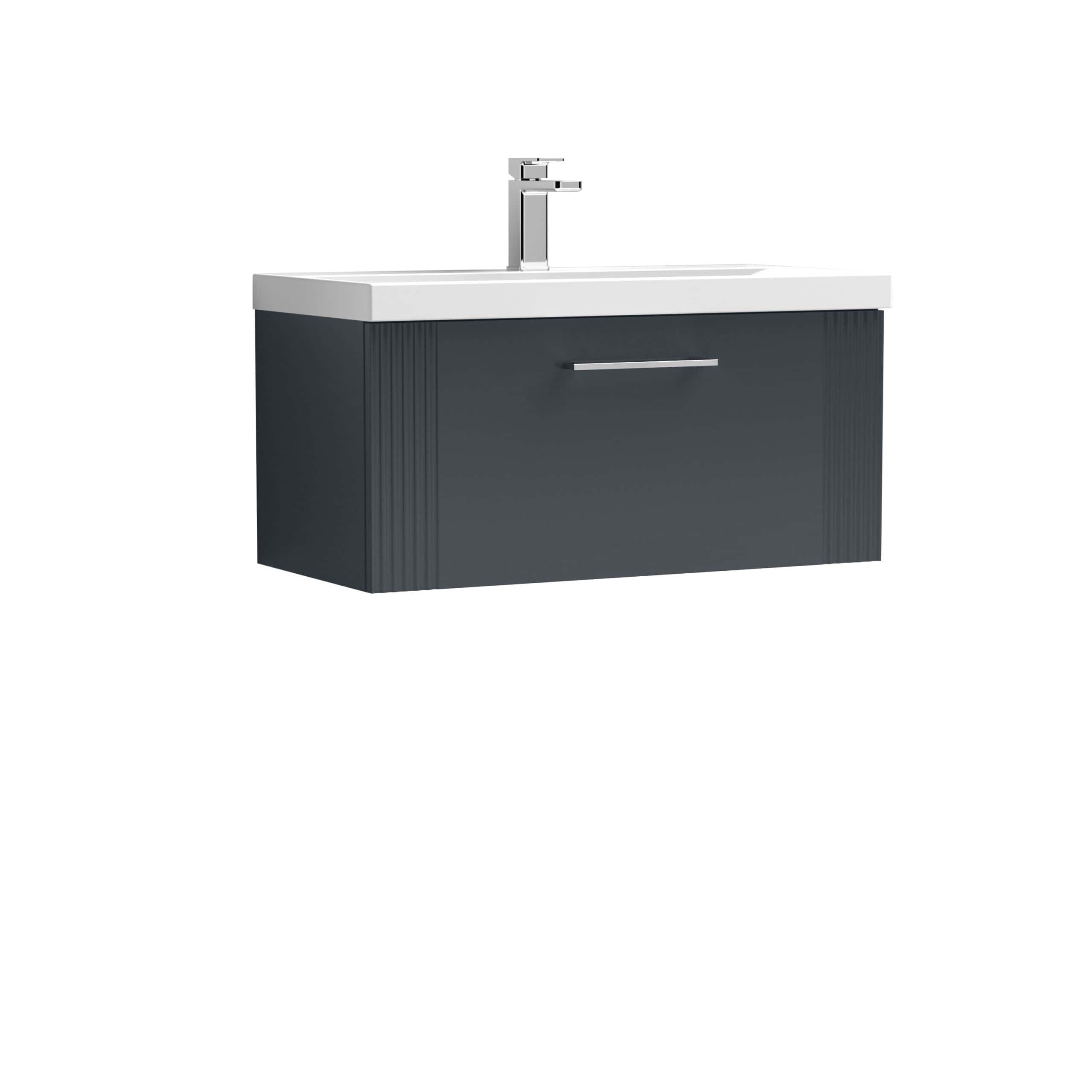Modern bathroom vanity unit with integrated sink and chrome faucet, perfect for contemporary bathroom designs. Durable grey cabinetry with sleek handle for easy access and storage.