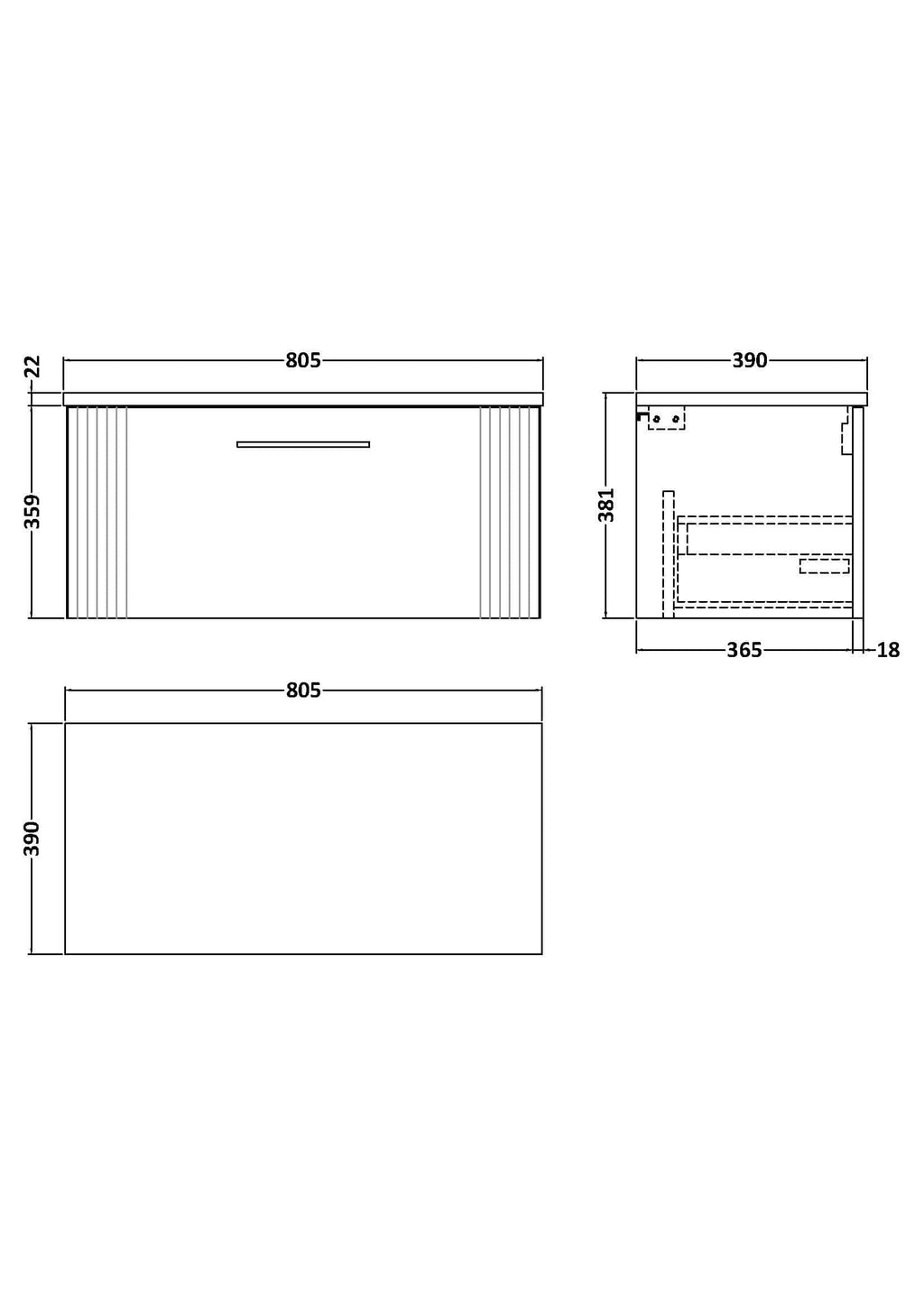 Modern bathroom vanity unit with dimensions and detailed technical drawing for bathroom furniture design and installation. Suitable for contemporary bathroom interiors.