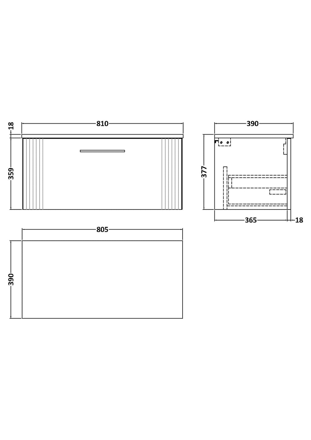 Elegant bathroom vanity with sleek design and ample storage, perfect for modern bathrooms. Includes detailed technical drawings with precise measurements for custom fitting.