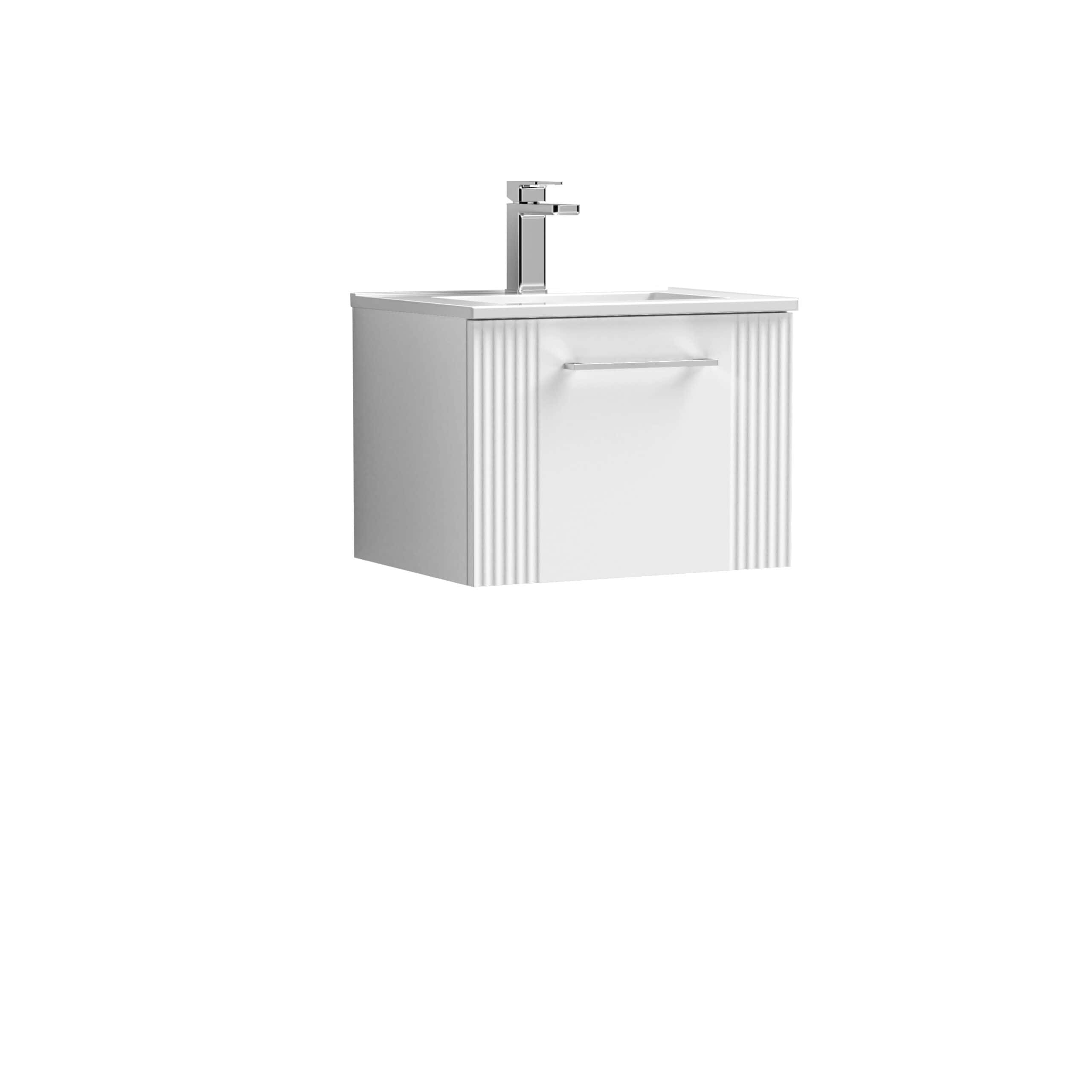 Modern white bathroom vanity with integrated sink and chrome faucet, ideal for contemporary bathroom renovations. Features a sleek design with a handle-free drawer for minimalistic style.