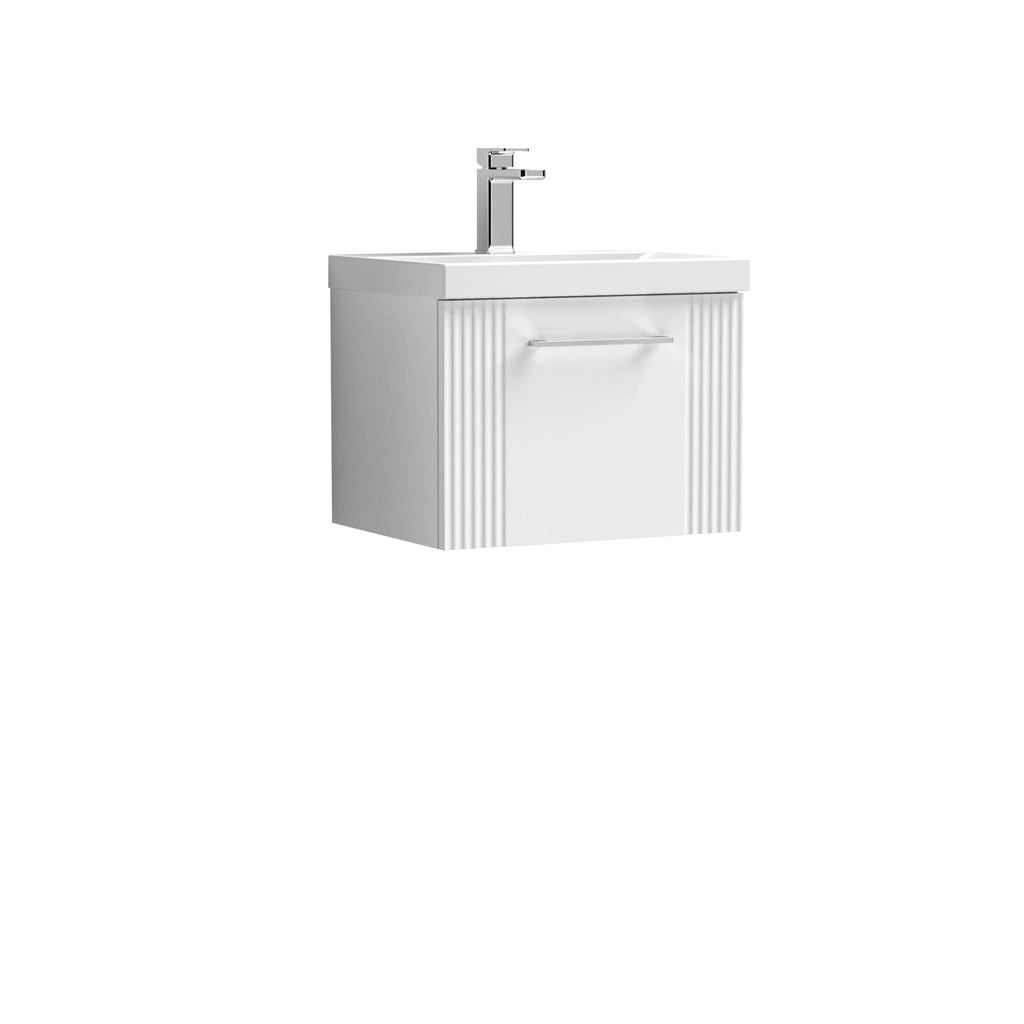 Modern white bathroom vanity unit with integrated sink and chrome tap, designed for stylish bathroom storage and functionality. Ideal for contemporary bathroom remodels.