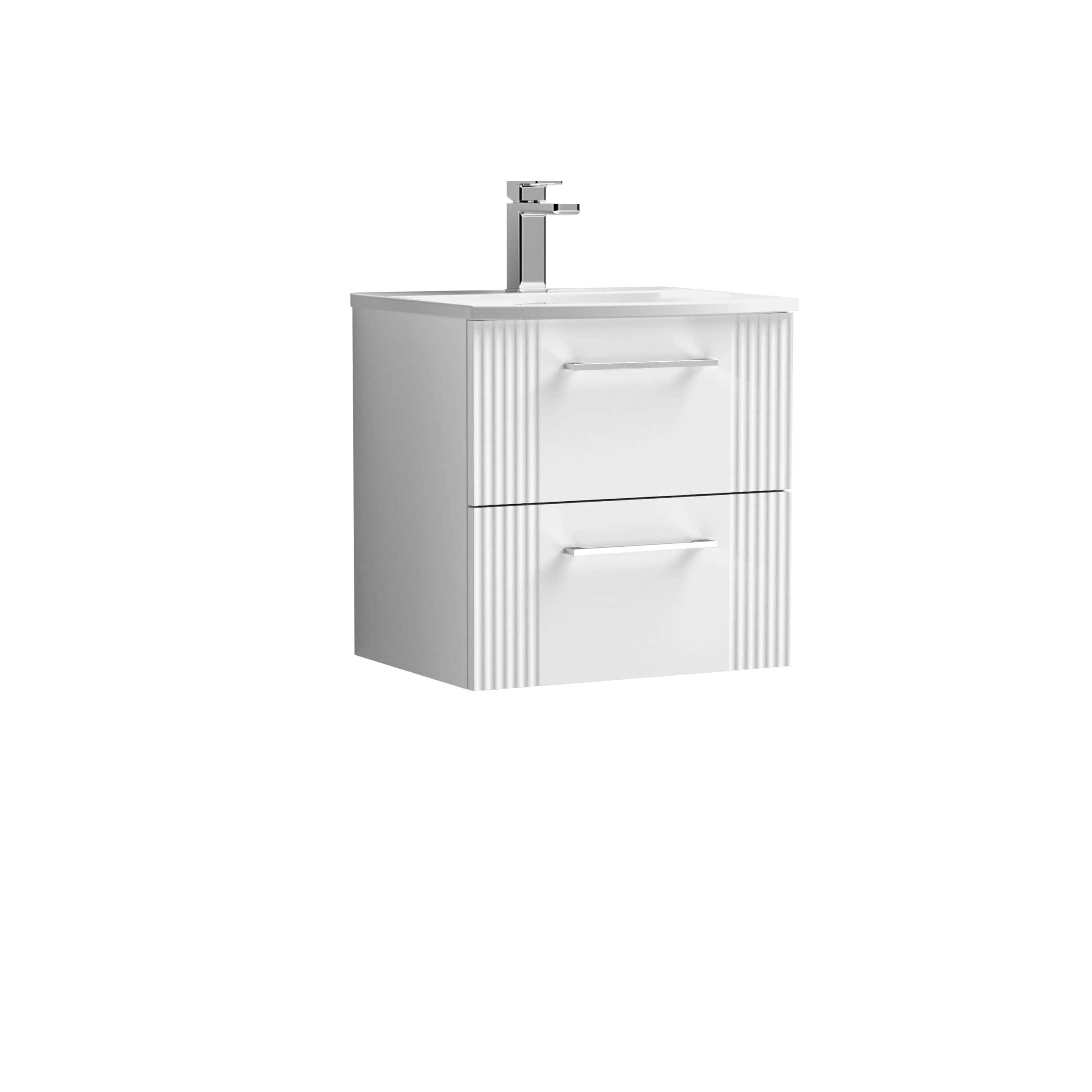 Modern white bathroom vanity with integrated sink and chrome tap, ideal for contemporary bathroom designs. Perfect storage solution with sleek drawers and clean lines.