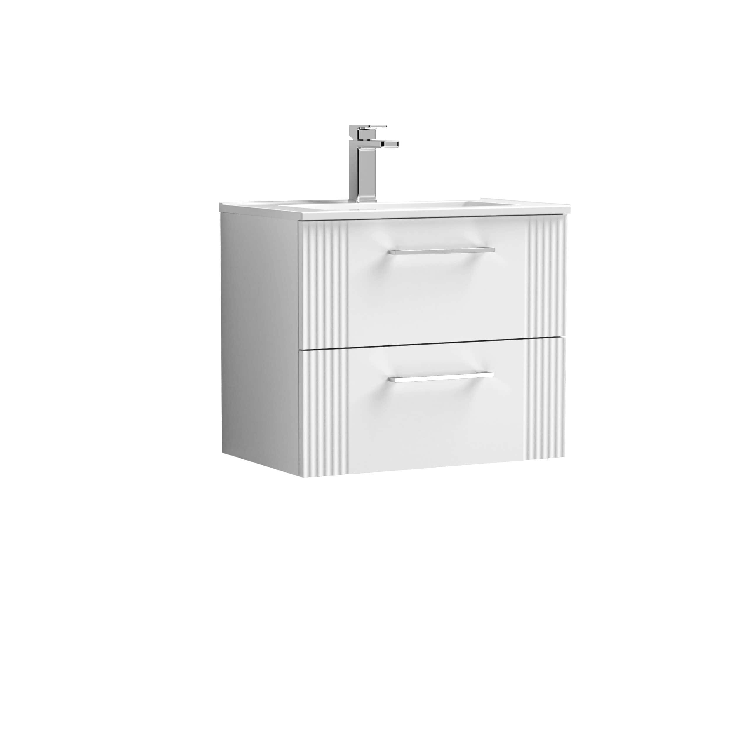 Modern white bathroom vanity with integrated sink and chrome faucet, featuring sleek drawer handles and vertical ribbed accents on sides for contemporary bathroom or washroom decor.