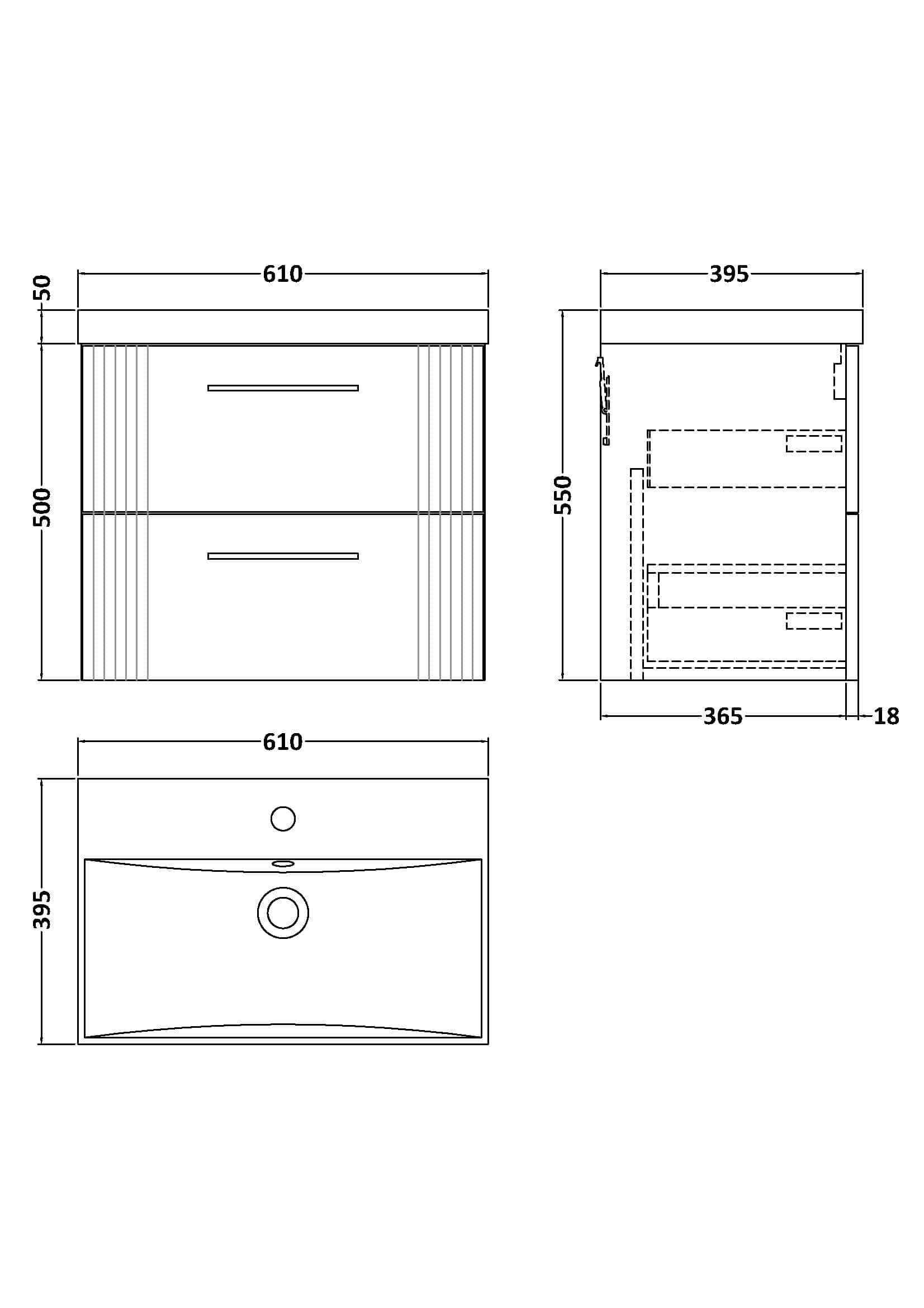 Sleek modern bathroom vanity unit with two spacious drawers and a minimalist design, ideal for contemporary bathrooms; featuring detailed dimensions and clean lines.