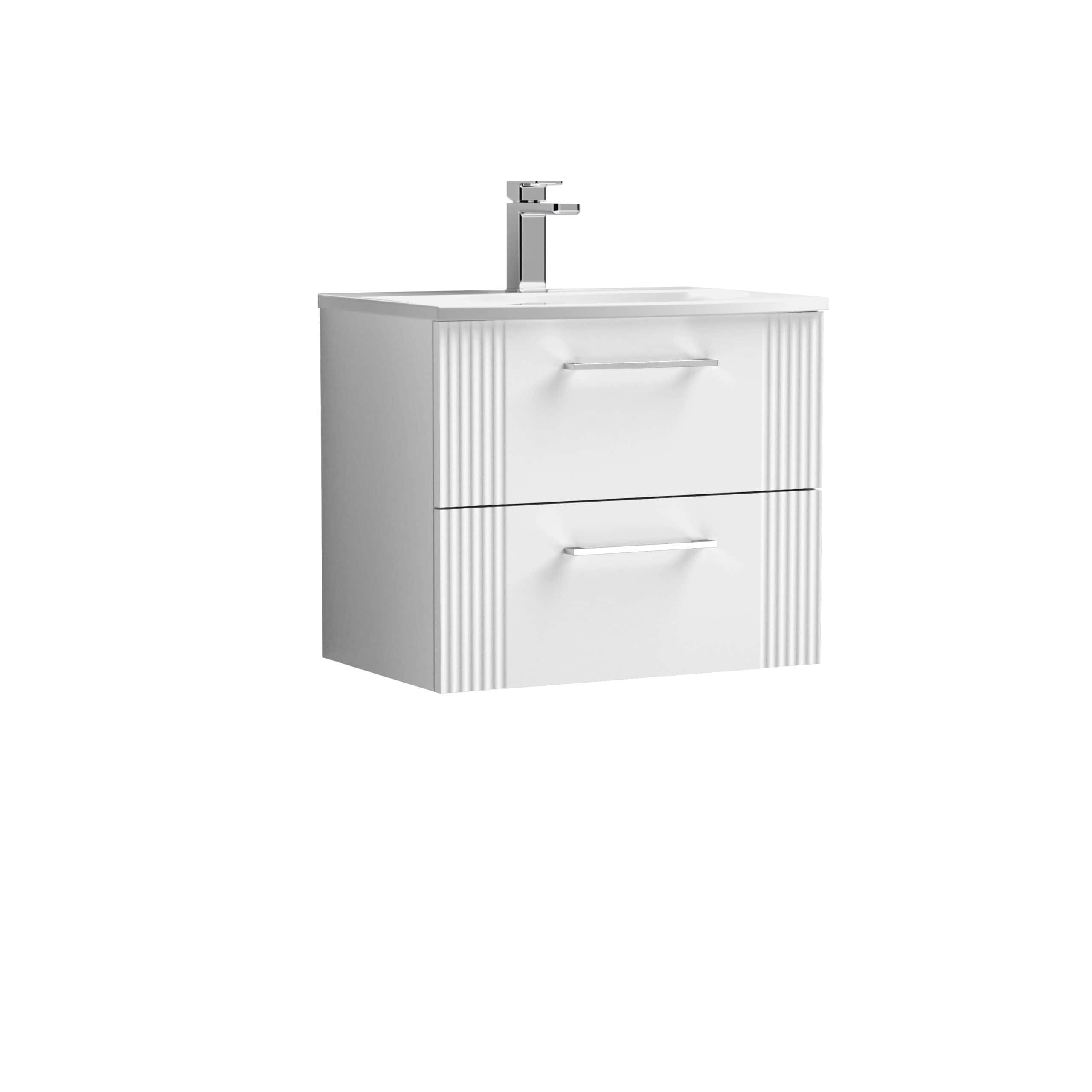 Modern white bathroom vanity with integrated sink and chrome faucet, ideal for contemporary bathroom designs with practical storage drawers.