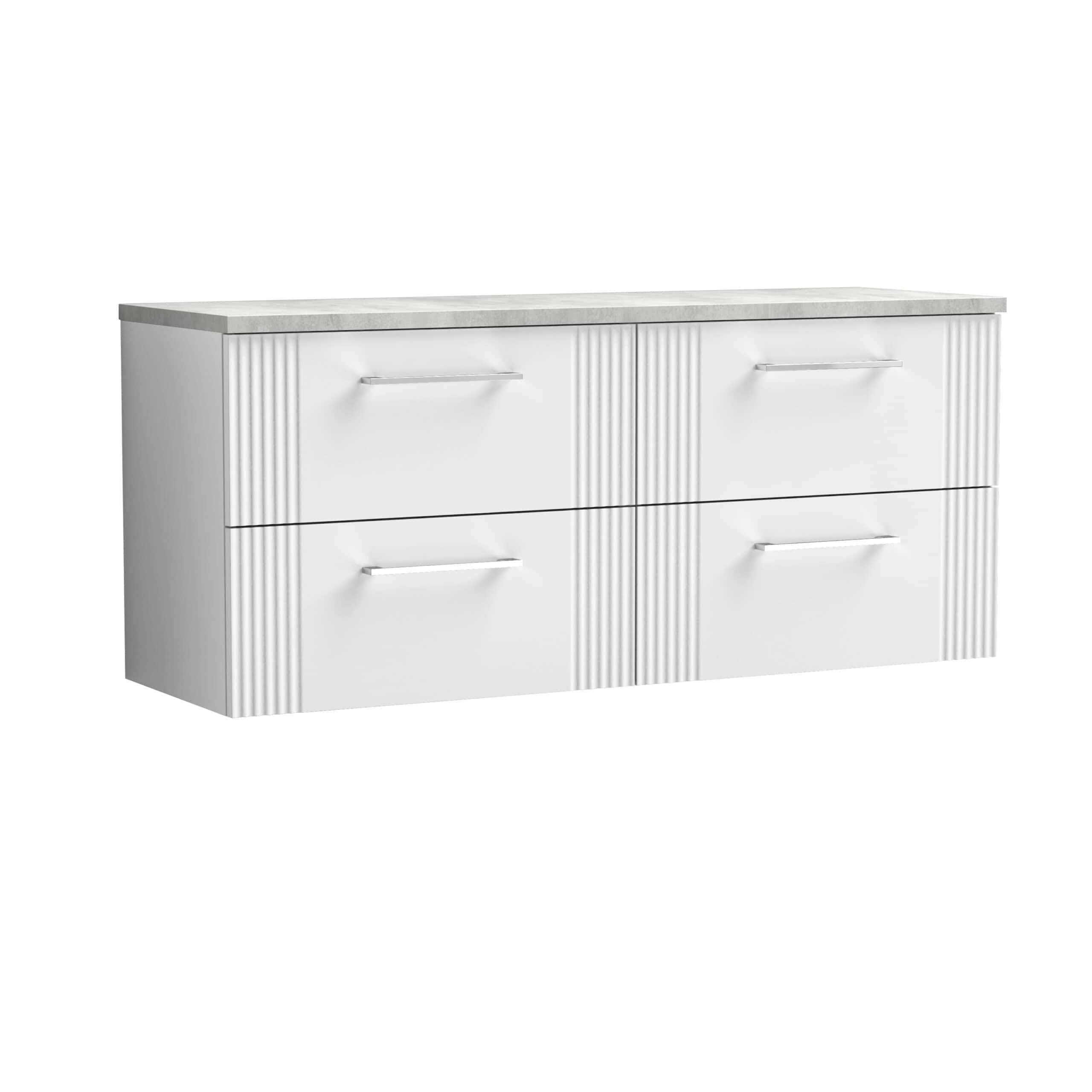 Stylish white bathroom vanity with six drawers, sleek handles, and a marble top, ideal for modern bathroom storage and organisation. Perfect for contemporary bathroom design.