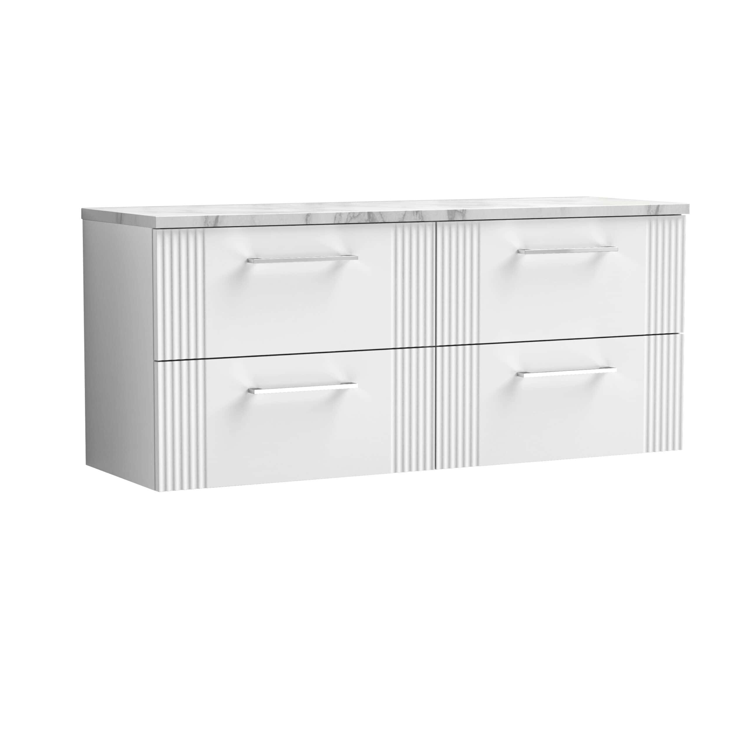 Sleek white bathroom vanity with four spacious drawers, featuring ribbed detailing on the sides and modern horizontal handles, ideal for contemporary bathroom storage solutions.