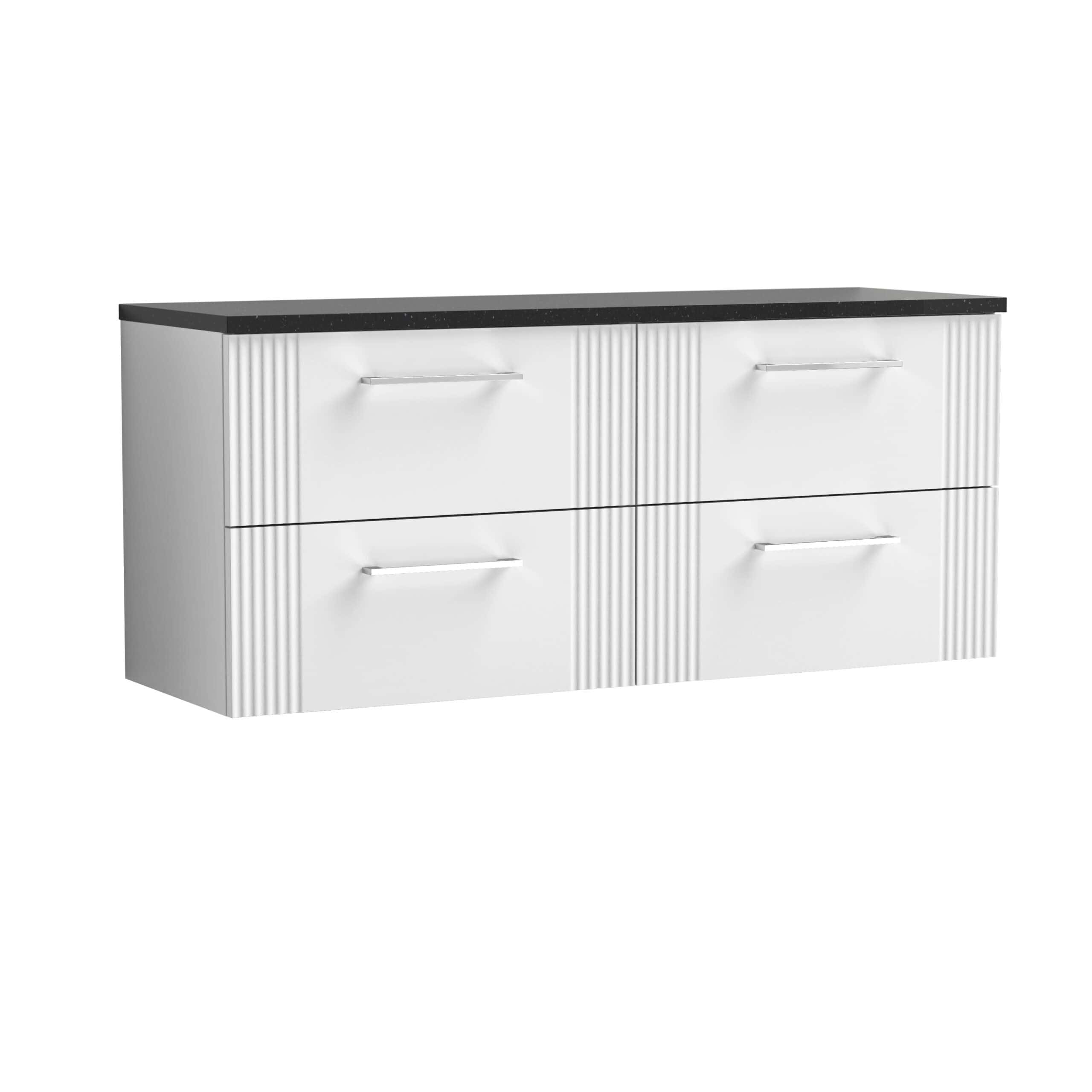 Sleek white bathroom vanity with four drawers and a black countertop, modern design, ideal for contemporary bathrooms, providing ample storage space and elegant style.