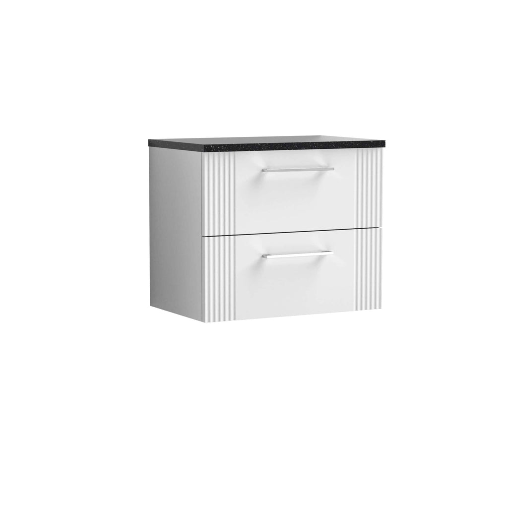Sleek white bathroom vanity with two spacious drawers and a black countertop, ideal for modern bathroom storage solutions, combining style and functionality.
