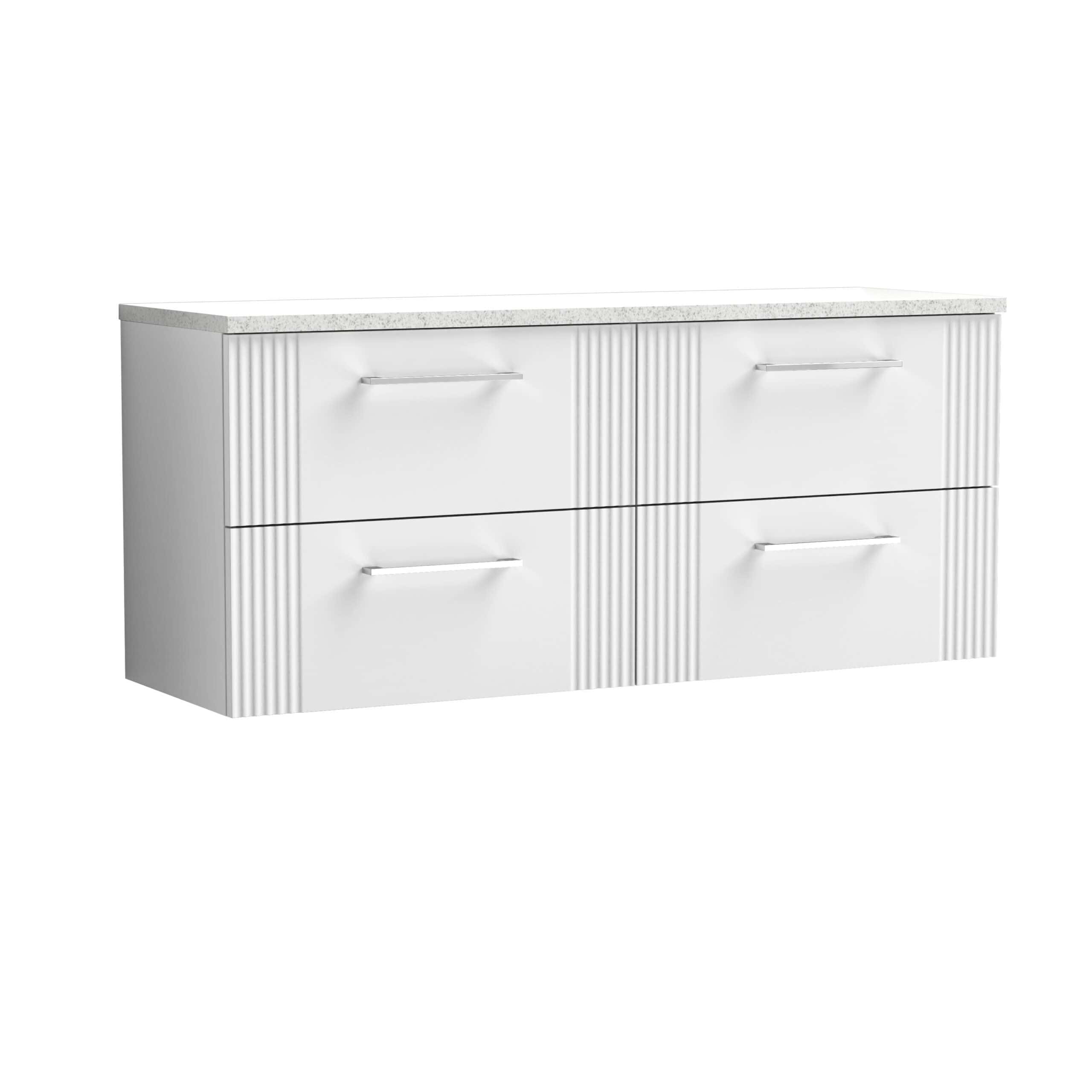 Sleek white bathroom vanity unit with four spacious drawers, featuring modern handles and vertical grooved accents, ideal for contemporary bathroom storage solutions.