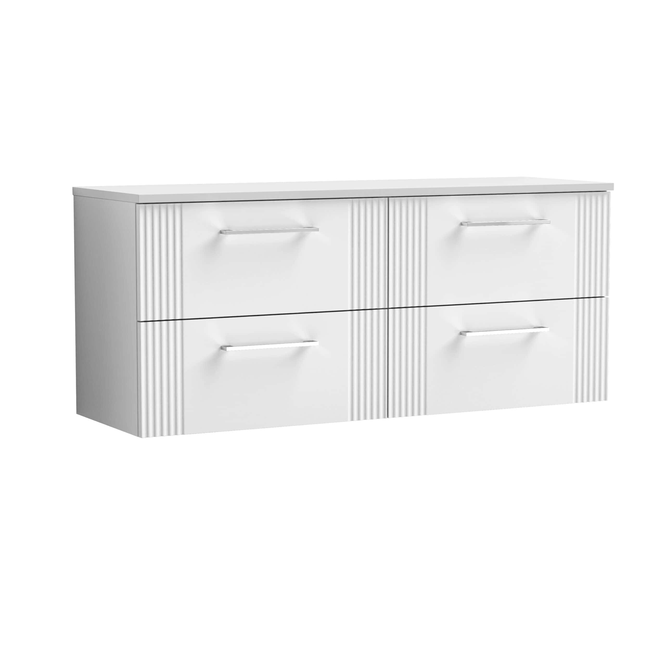 Modern white bathroom storage cabinet with six drawers, featuring sleek silver handles and textured vertical panel accents for stylish organisation.