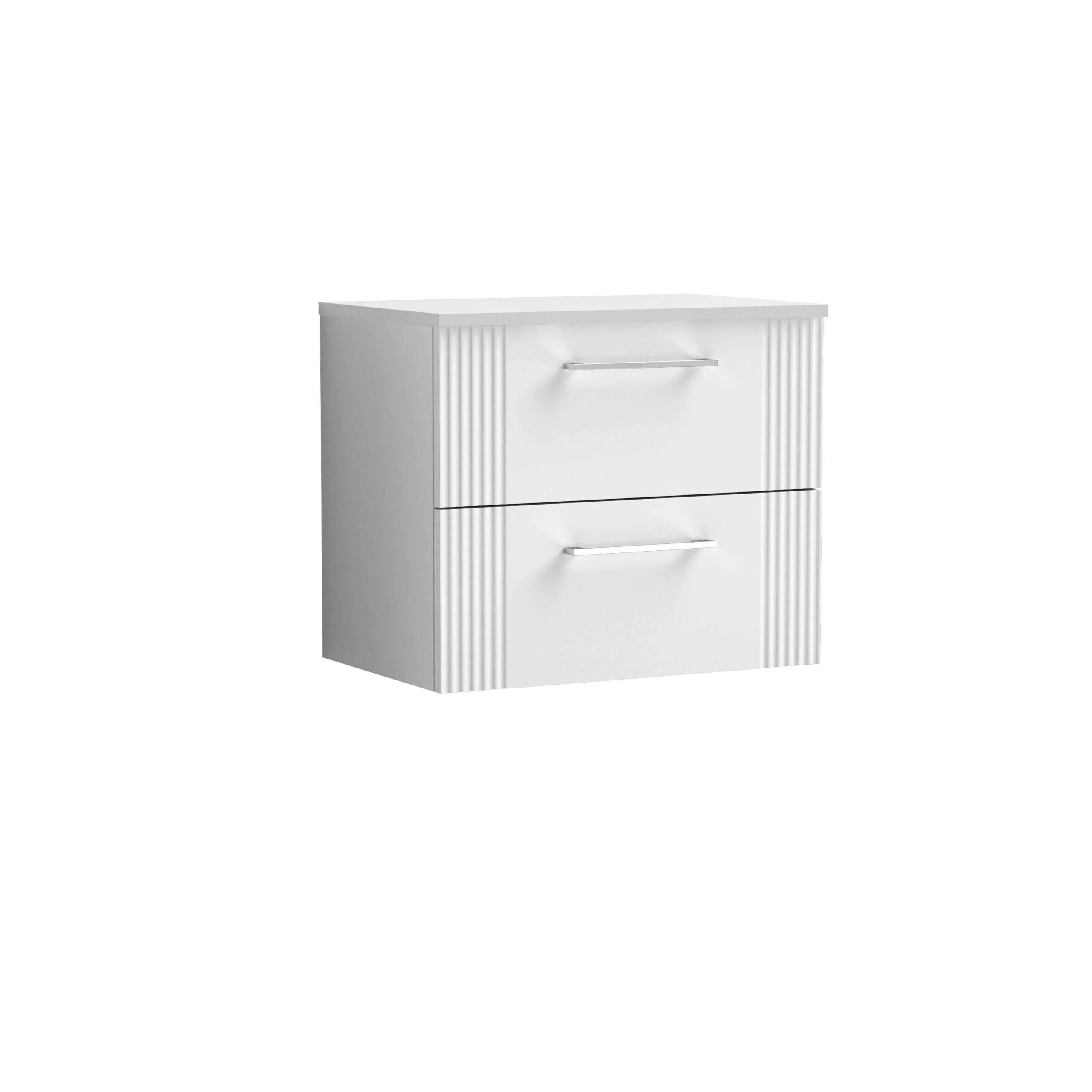 Contemporary white bathroom vanity cabinet with sleek silver handles and vertical ribbed detailing, ideal for modern bathroom storage solutions.