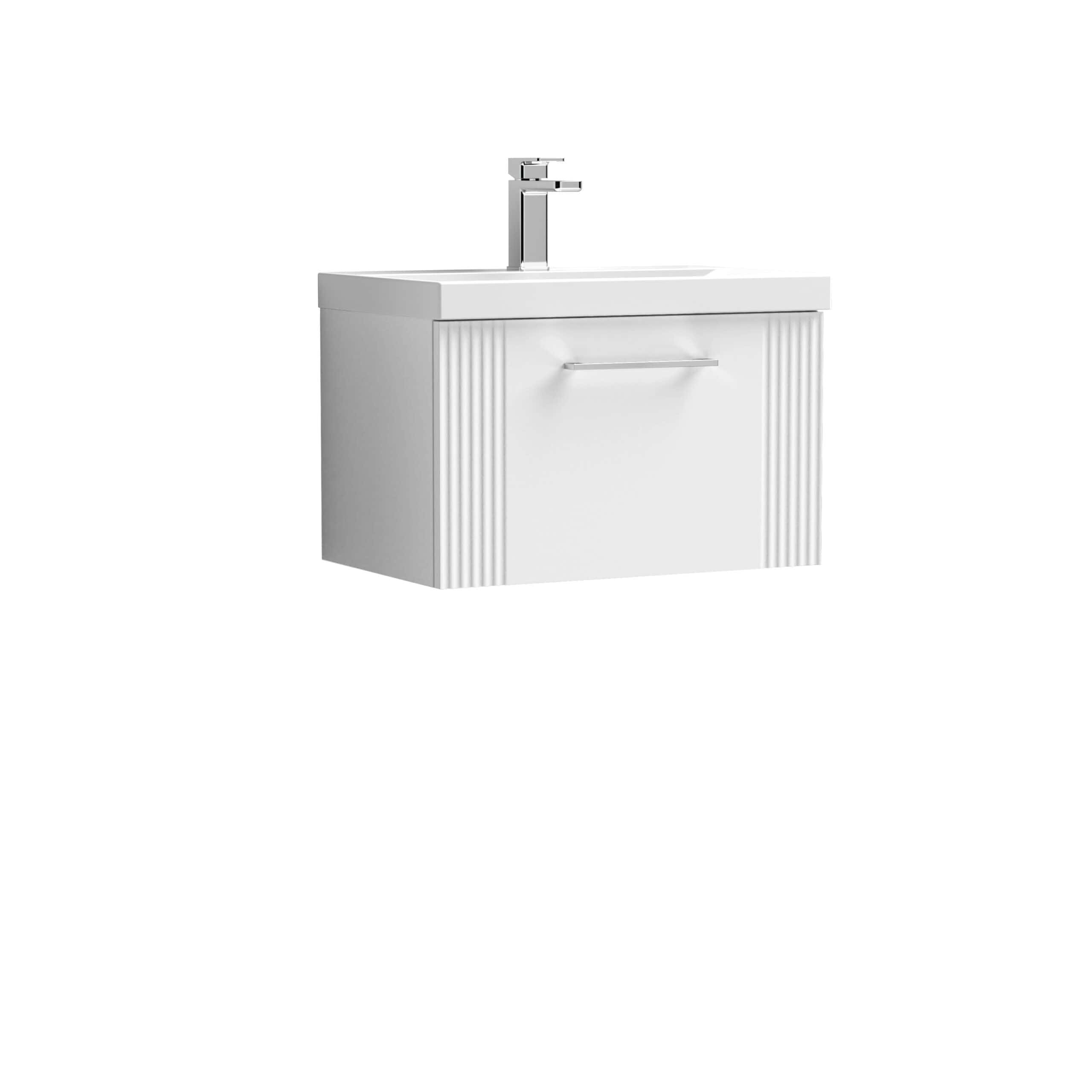 White bathroom vanity unit with integrated sink and modern chrome faucet, ideal for contemporary bathroom designs, featuring a spacious storage drawer and sleek minimalist style.