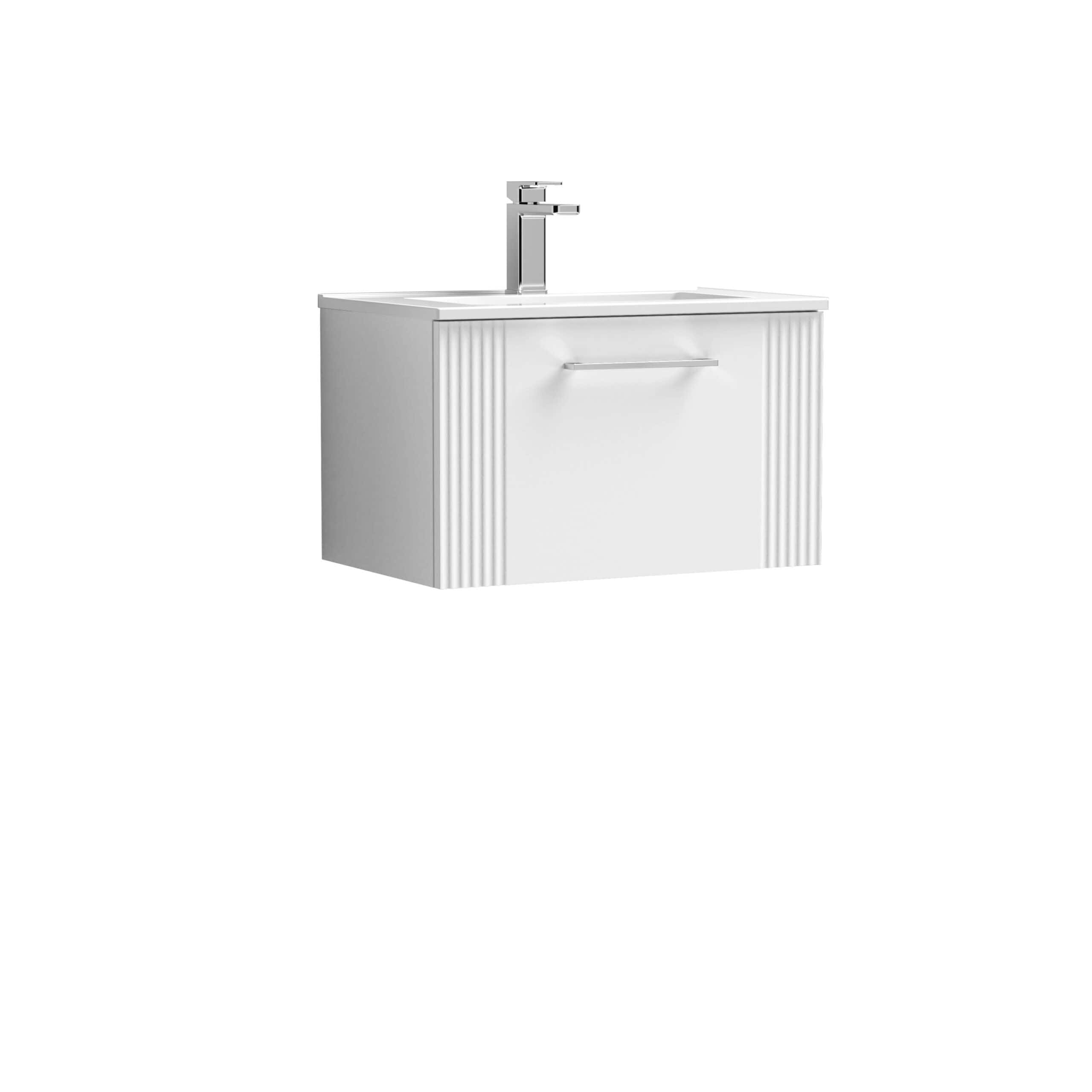 Modern white bathroom vanity with integrated sink and chrome faucet, ideal for contemporary bathroom renovations. Featuring sleek design and ample storage space for organised bathrooms.