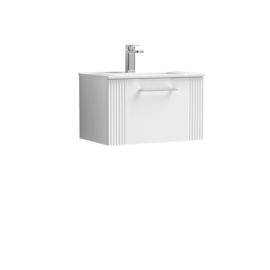 Modern white bathroom vanity with integrated sink and chrome faucet, ideal for contemporary bathroom renovations. Featuring sleek design and ample storage space for organised bathrooms.