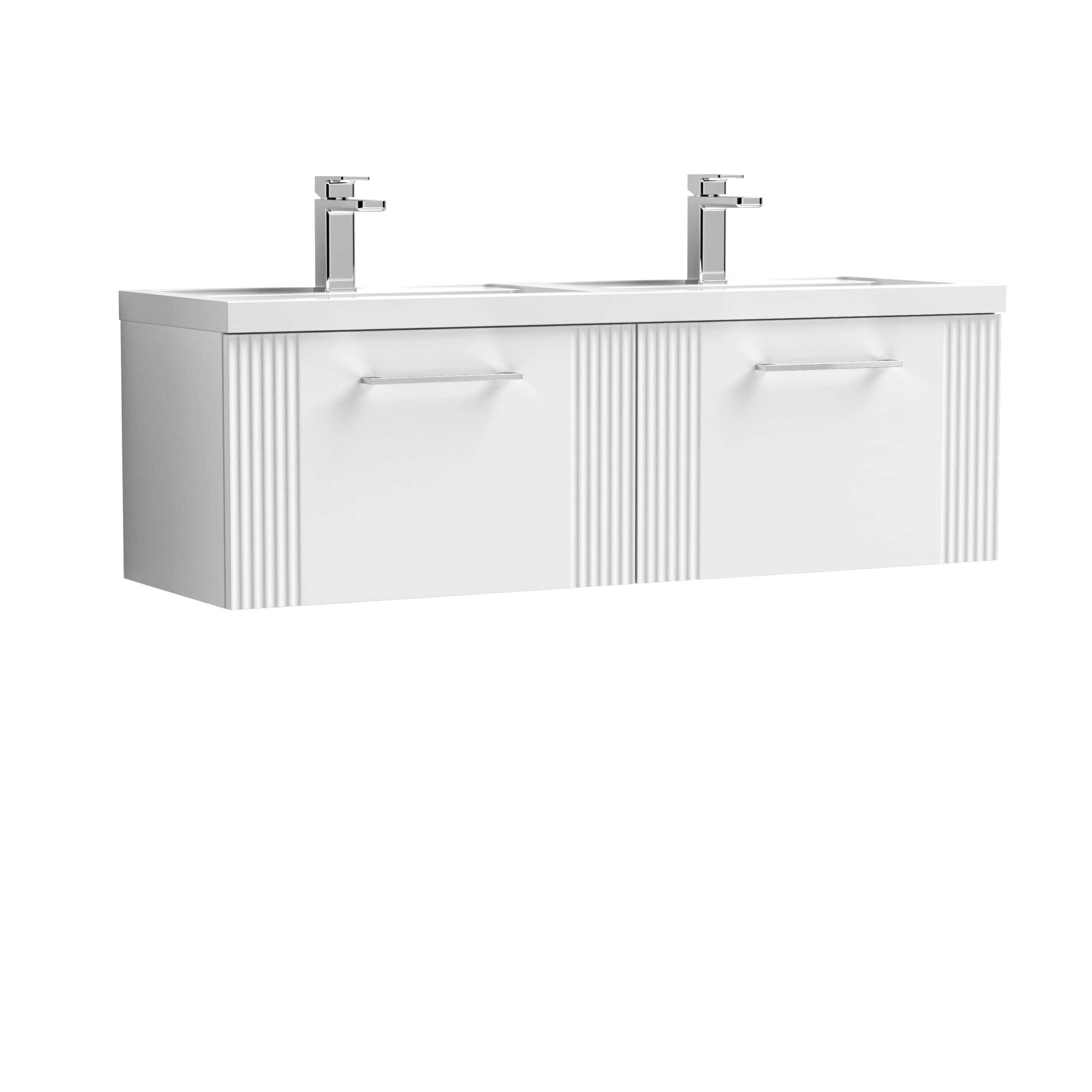 Contemporary double bathroom vanity with two integrated sinks, chrome faucets, and sleek white cabinetry, perfect for modern bathrooms.