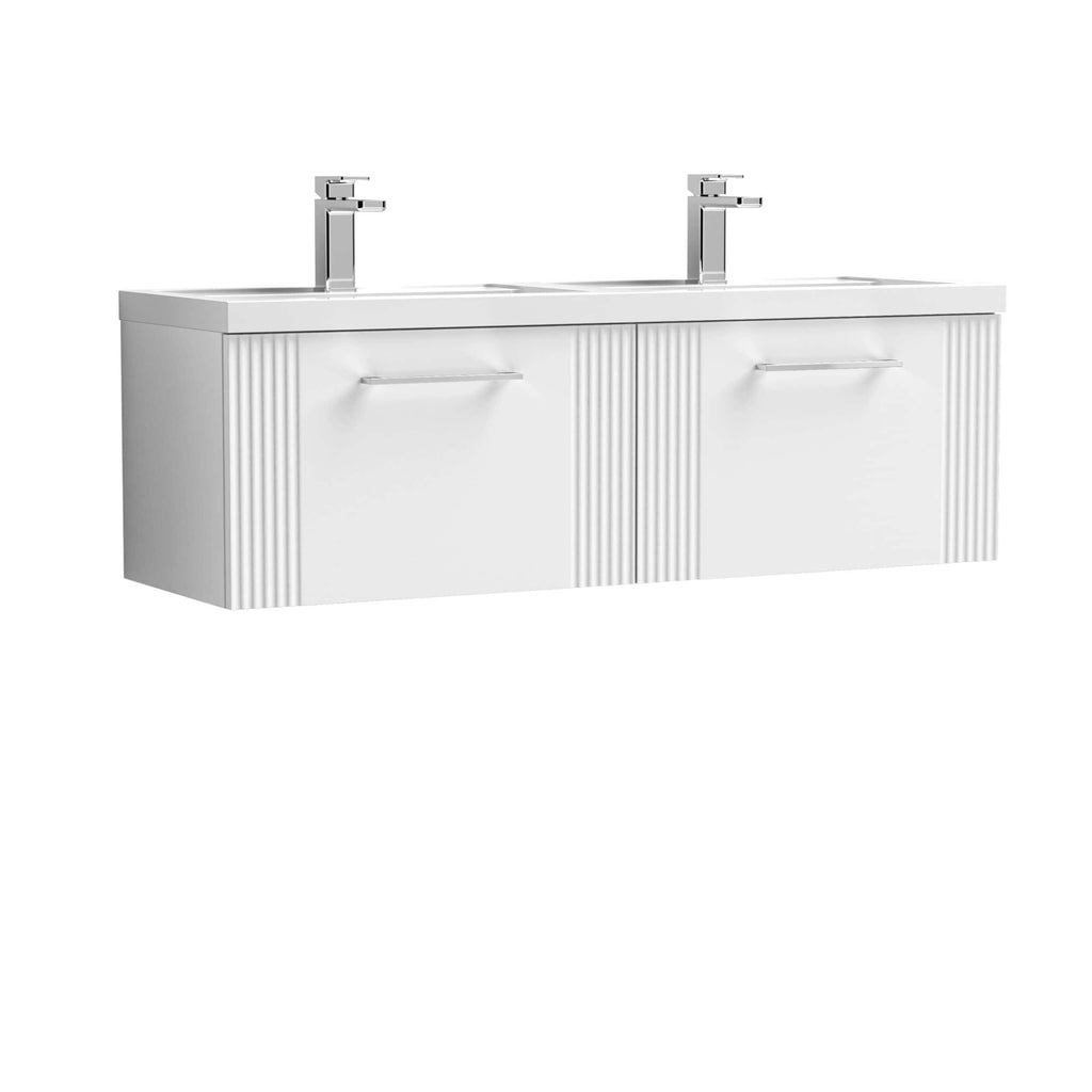 Contemporary double bathroom vanity with two integrated sinks, chrome faucets, and sleek white cabinetry, perfect for modern bathrooms.