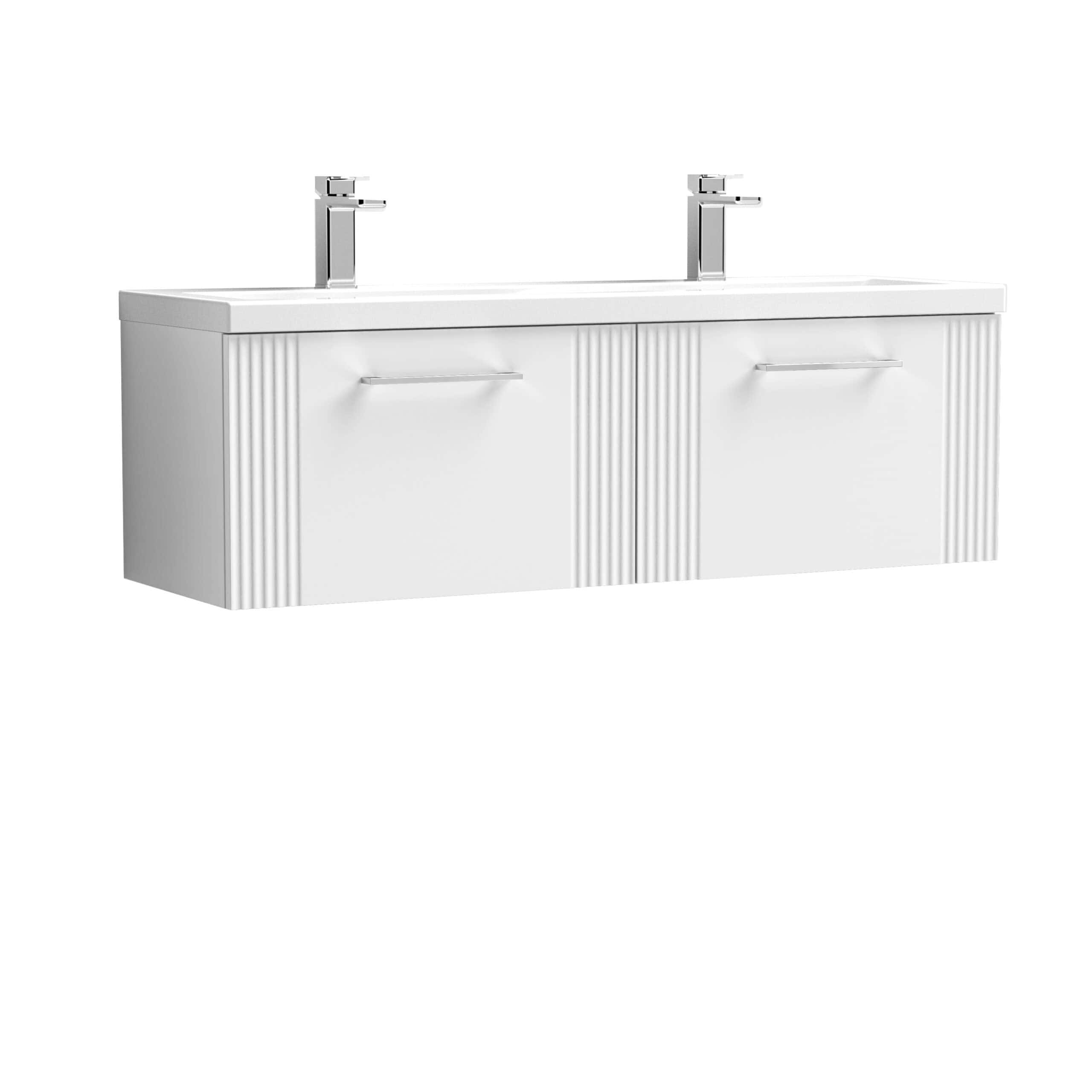 Contemporary double bathroom vanity unit with two sleek faucets, white finish, and modern cabinet storage, perfect for stylish bathroom renovations.
