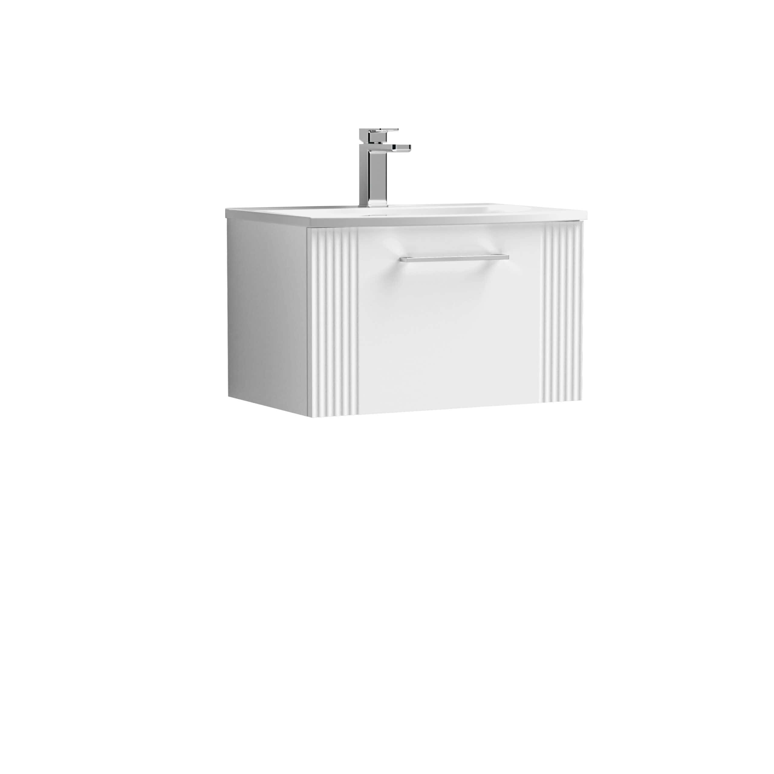 Contemporary white bathroom vanity with integrated sink and chrome tap, designed for modern industrial bathroom decor, providing stylish storage and sophisticated appeal.