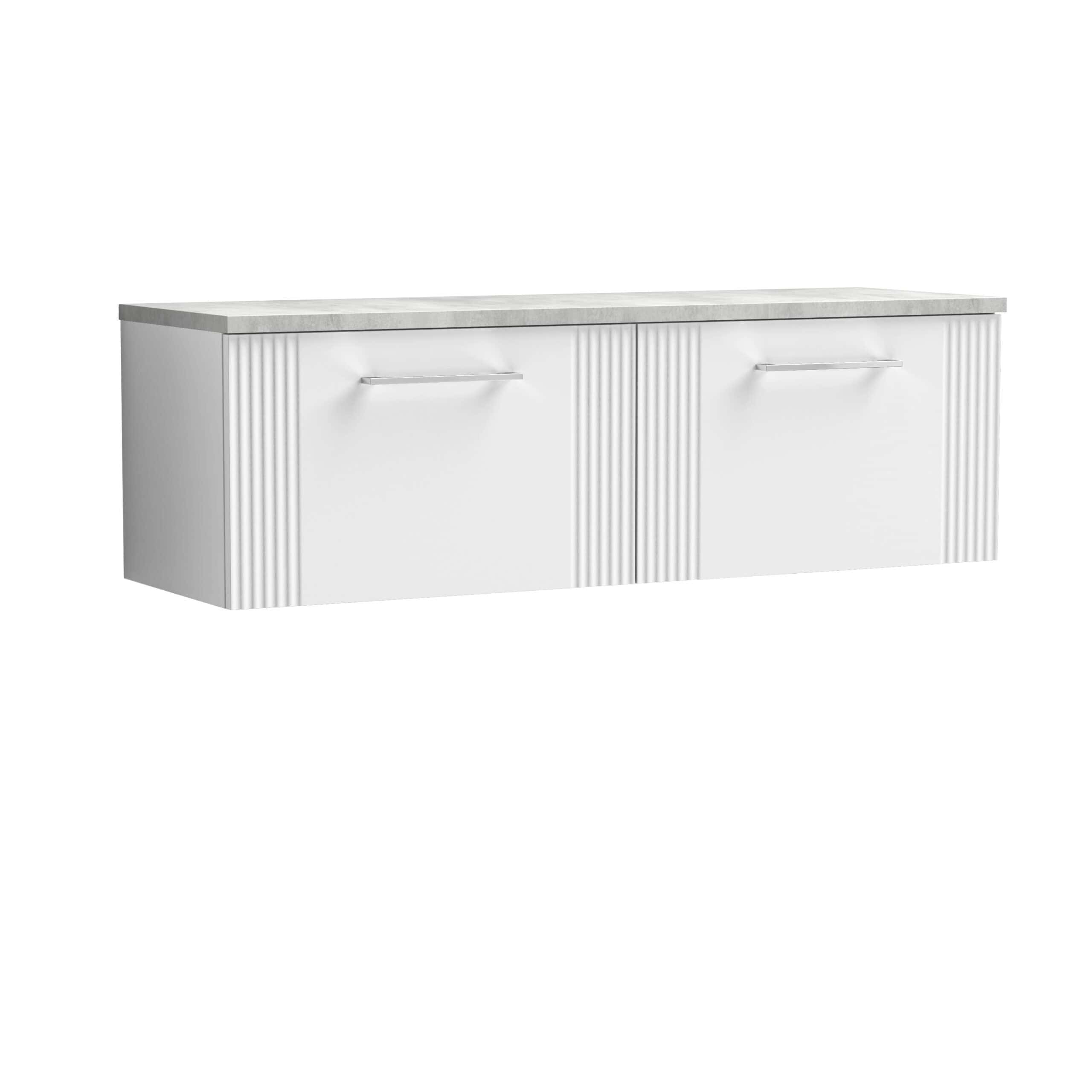 Modern white bathroom vanity cabinet with fluted door panels and sleek metal handles, ideal for contemporary bathroom storage solutions.
