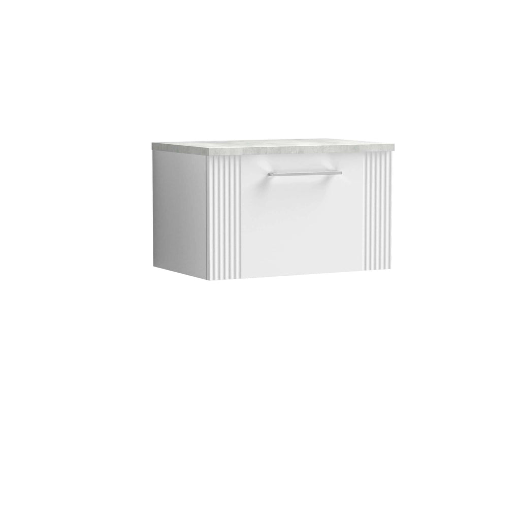 Contemporary white bathroom vanity unit with a marble top, sleek handle detail, and vertical fluted accents, perfect for modern bathroom storage and design.