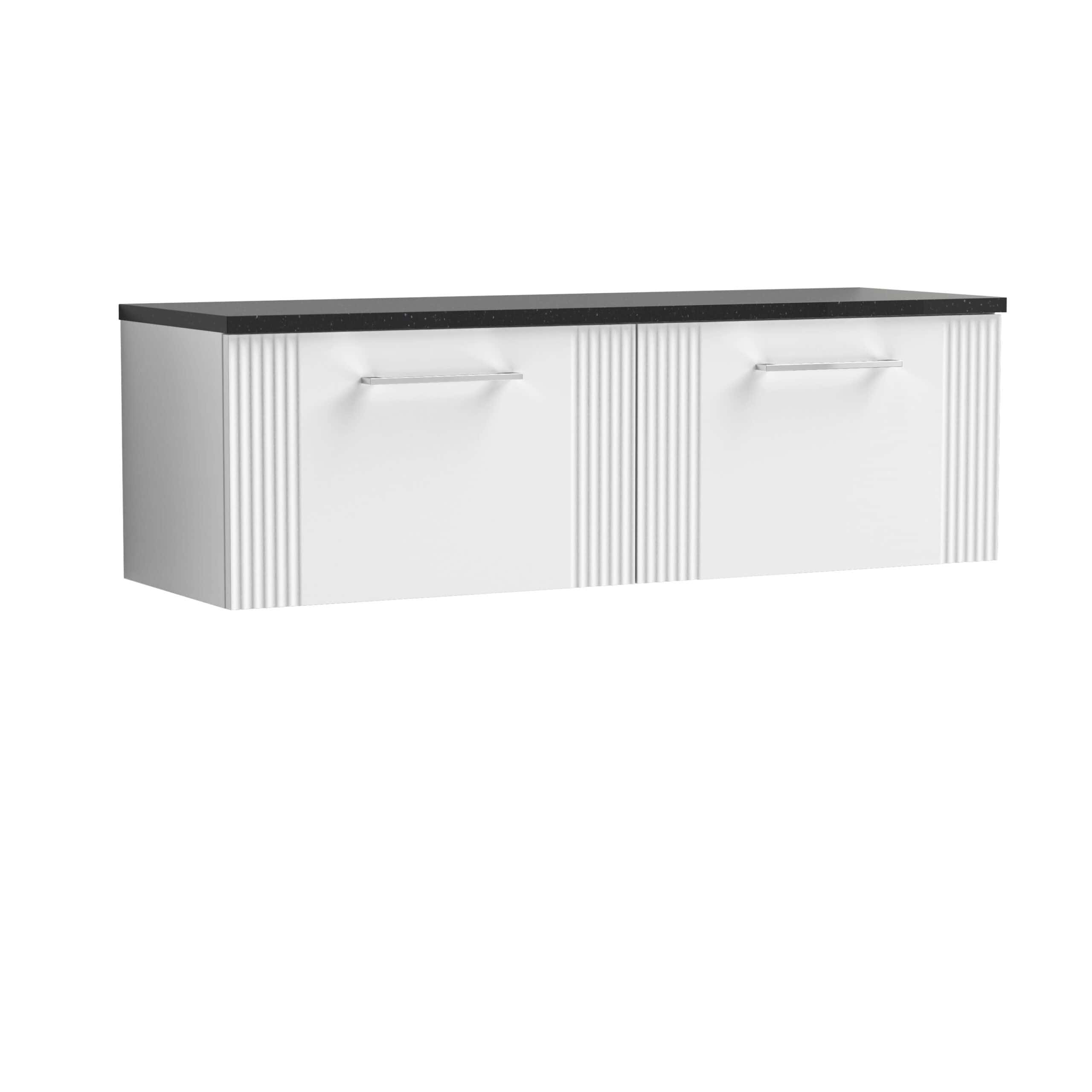 Sleek white bathroom vanity unit with black countertop, featuring modern ribbed panel design and long horizontal handles for a contemporary look. Perfect for stylish bathroom storage.