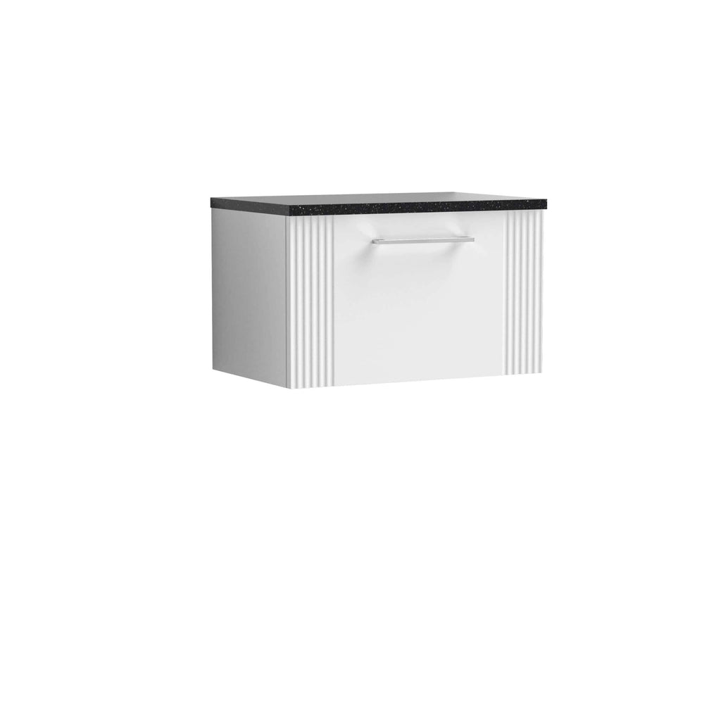Sleek white bathroom vanity with black speckled countertop and modern handle, ideal for contemporary bathroom décor. Stylish and functional storage solution for bathroom renovations.