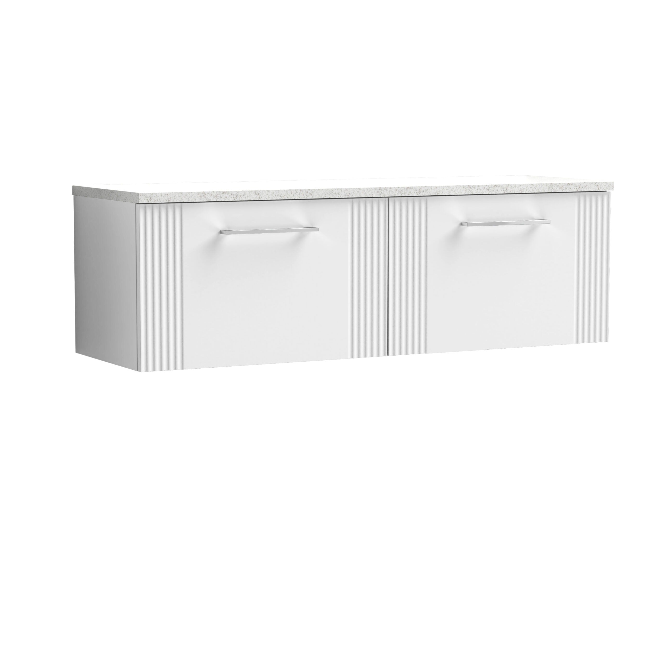 Sleek white contemporary bathroom vanity with ribbed panel accents and a durable quartz countertop, ideal for modern bathroom storage and style.
