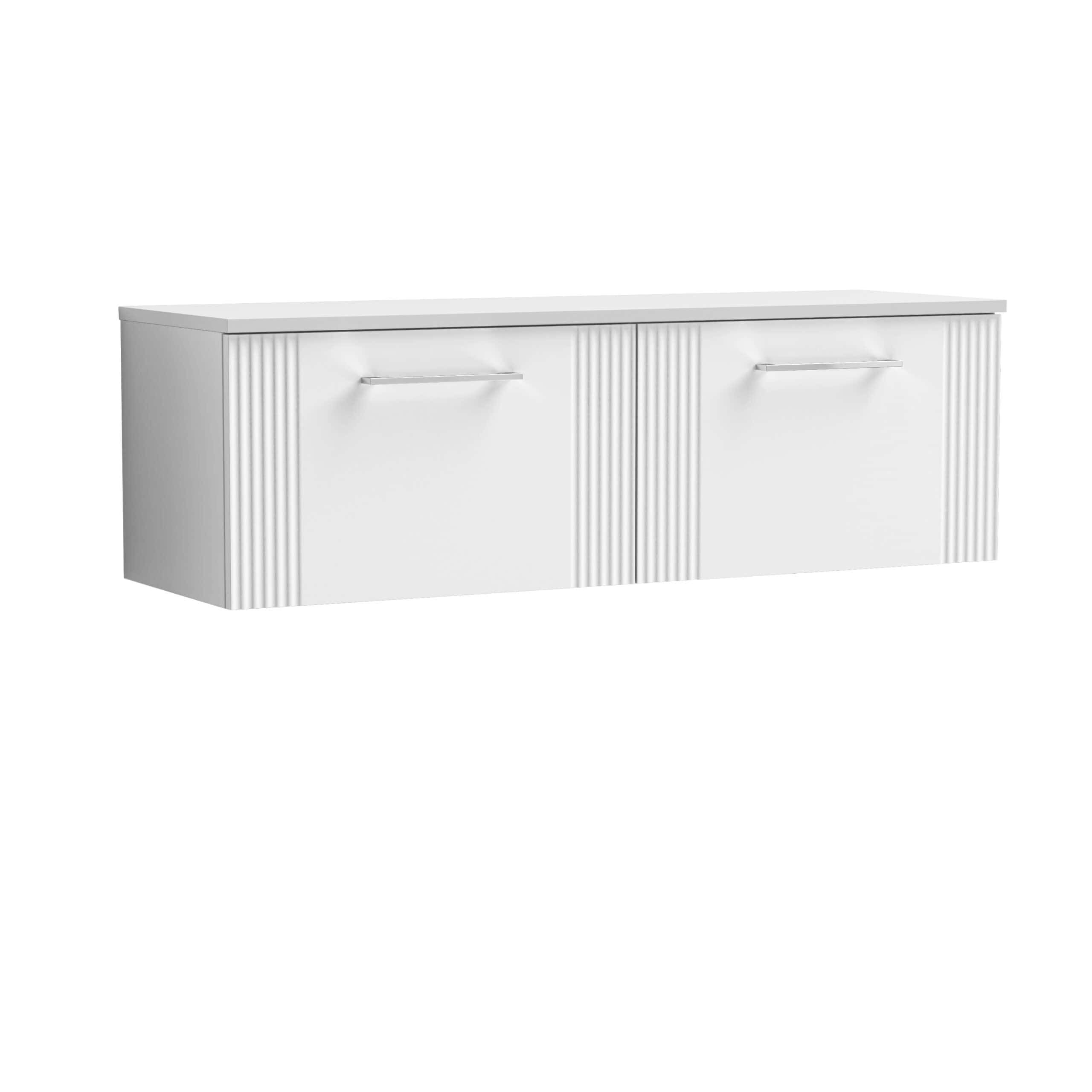 Flat white bathroom storage cabinet with vertical ribbed details and sleek handles, ideal for modern bathroom storage solutions.