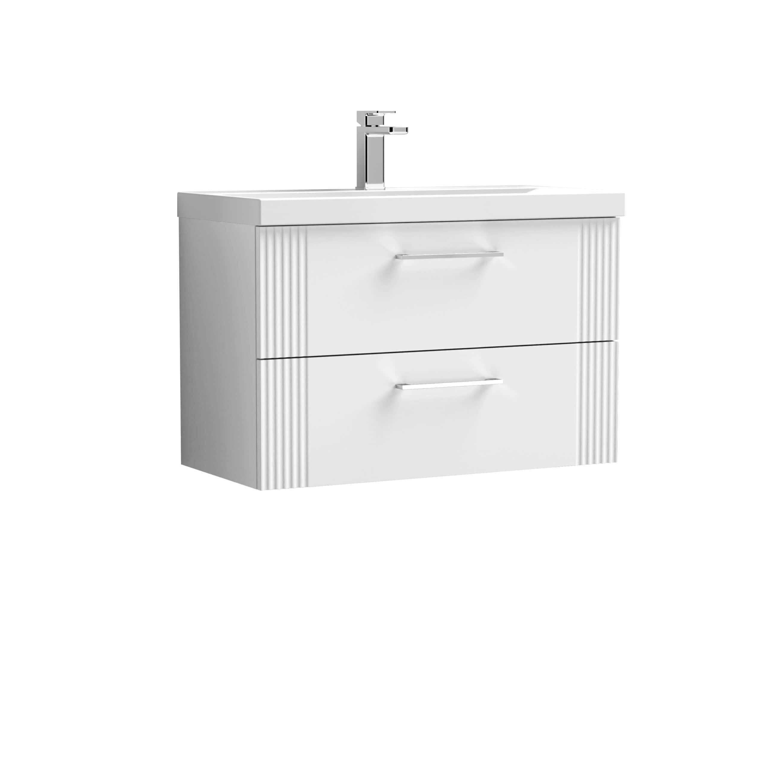 Modern white bathroom vanity with dual drawers and sleek chrome handles, featuring a built-in ceramic sink and contemporary chrome faucet, ideal for stylish bathroom upgrades.