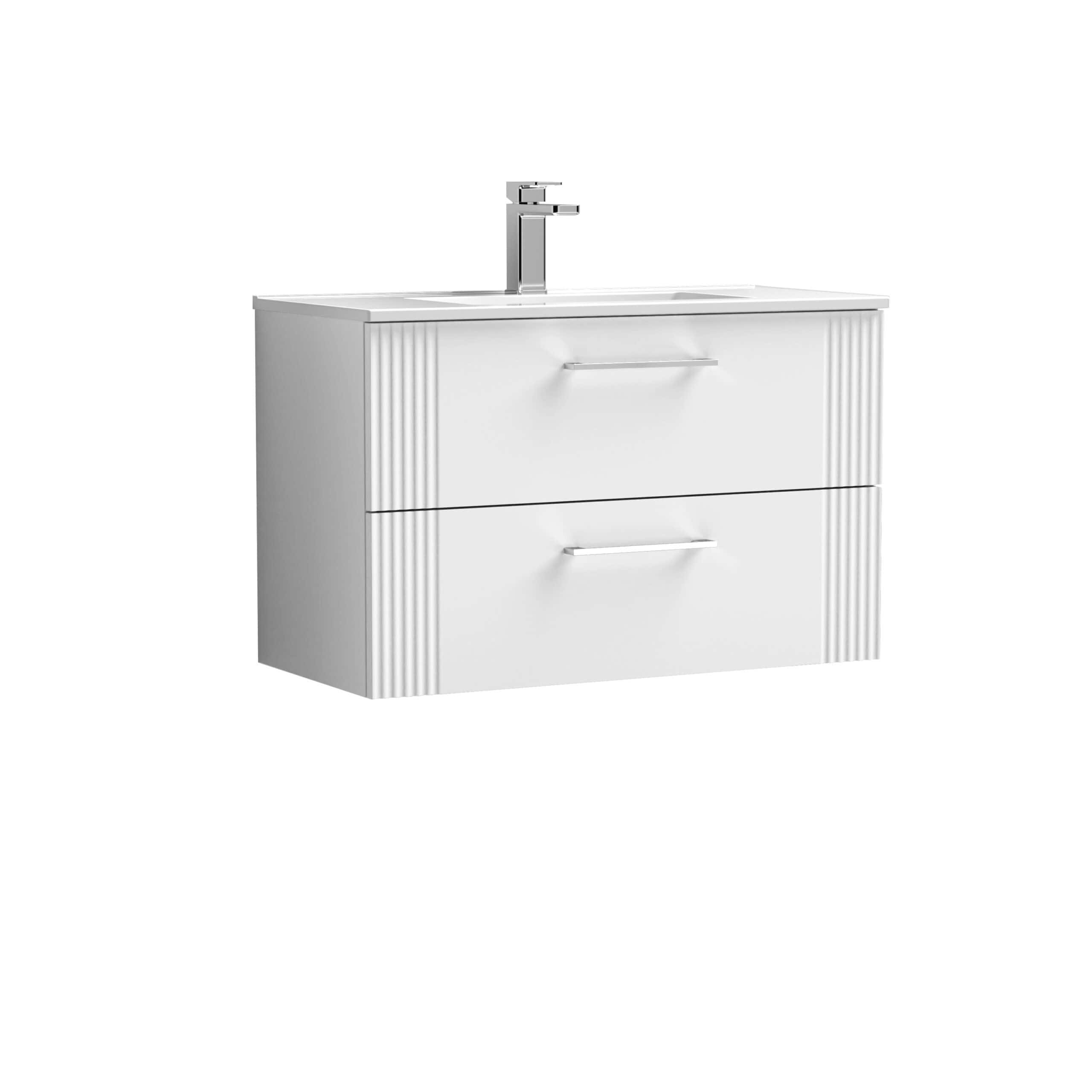 Sleek white bathroom vanity with integrated sink and modern chrome tap, perfect for contemporary bathroom interiors and stylish storage solutions.