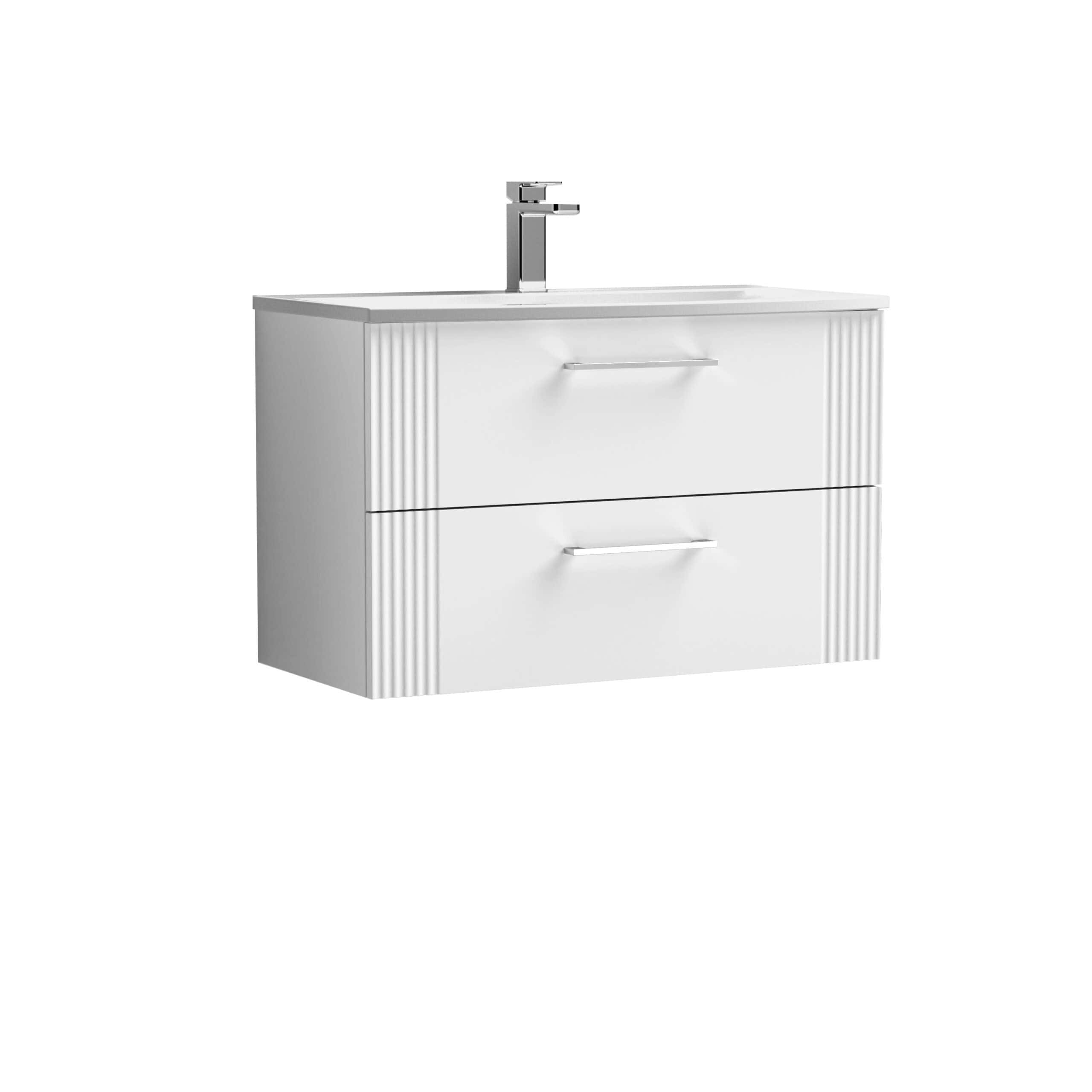 Modern white bathroom vanity with integrated sink and chrome faucet, ideal for contemporary bathroom design and storage solutions.