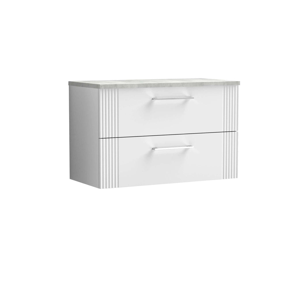 Modern white bathroom vanity with sleek handles and vertical ridges, ideal for contemporary bathroom storage solutions. Durable finish with a stylish marble countertop.