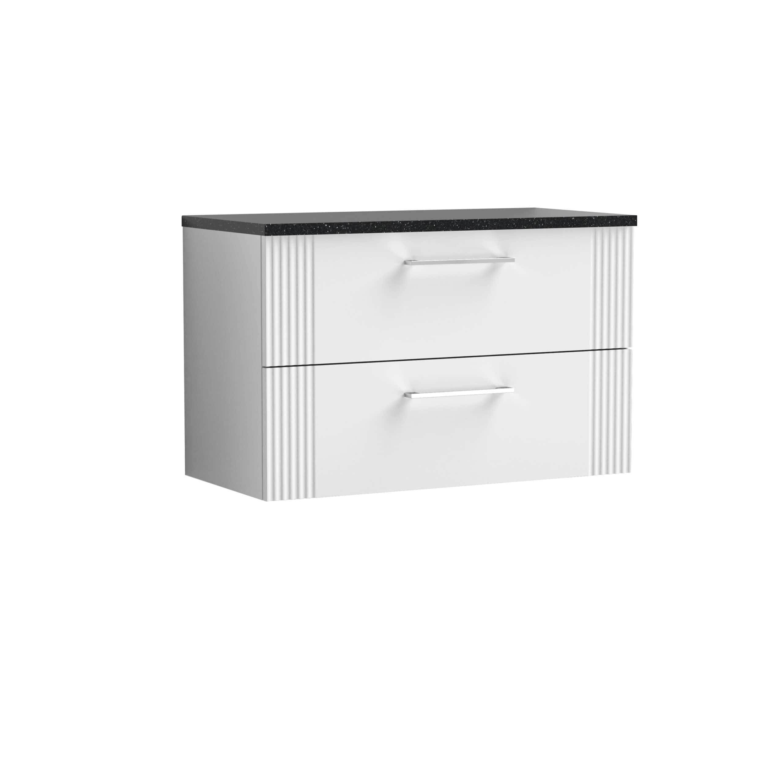 Sleek white bathroom vanity with black countertop, modern design with dual drawers and metal handles, ideal for contemporary bath remodels and storage solutions.