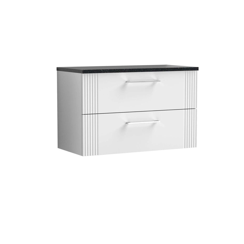 Sleek white bathroom vanity with black countertop, modern design with dual drawers and metal handles, ideal for contemporary bath remodels and storage solutions.